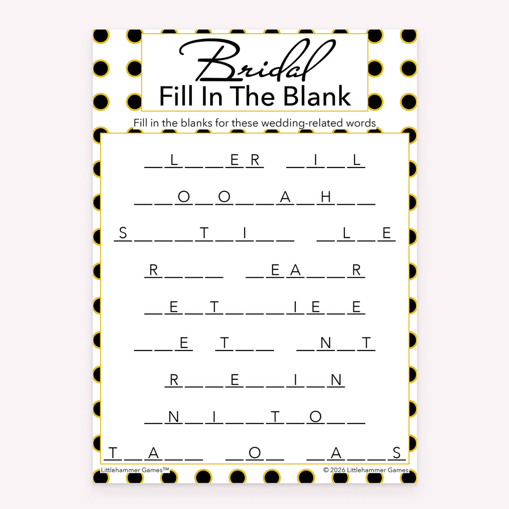 Black and gold polka dot printable bridal shower Bridal Fill in the Blank activity card