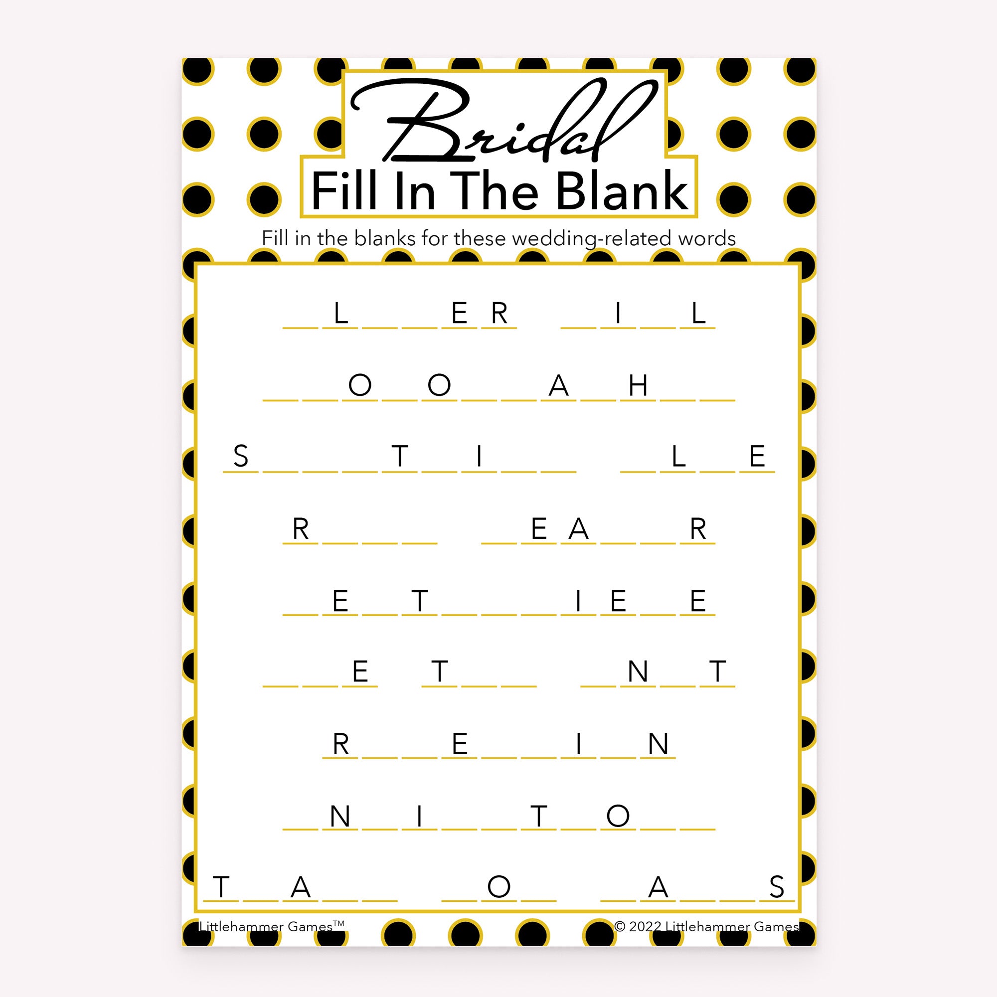 Black and gold polka dot printable bridal shower Bridal Fill in the Blank activity card