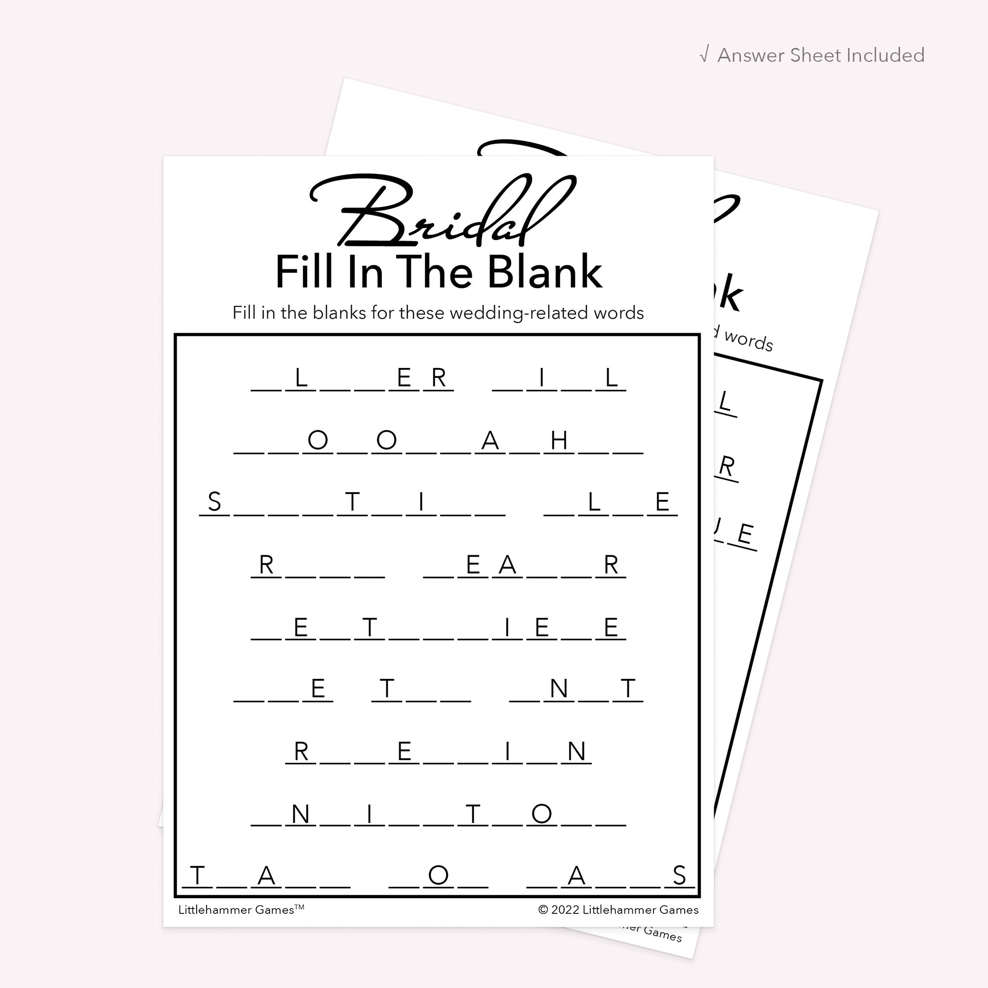 Minimalist black and white Bridal Fill in the Blank printable card with matching answer sheet behind the main card