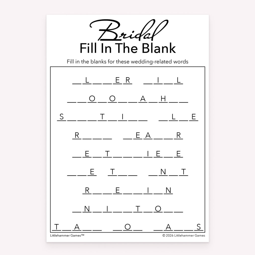 Bridal shower Bridal Fill in the Blank game card printable in black and white design