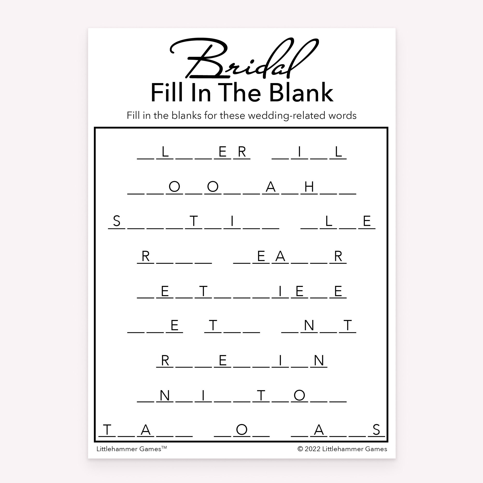 Bridal shower Bridal Fill in the Blank game card printable in black and white design