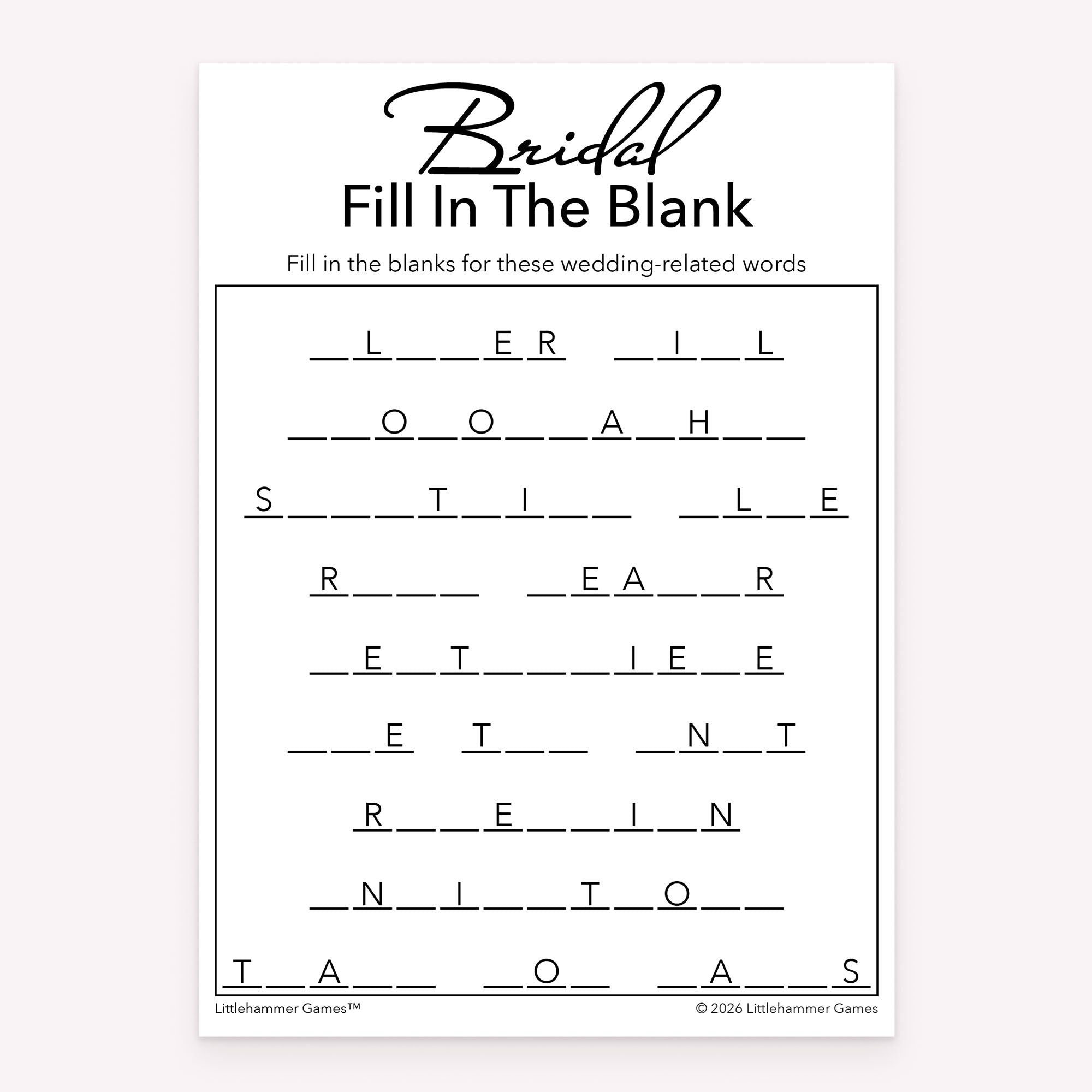Printable bridal shower fill in the blank game card with black text on a white background