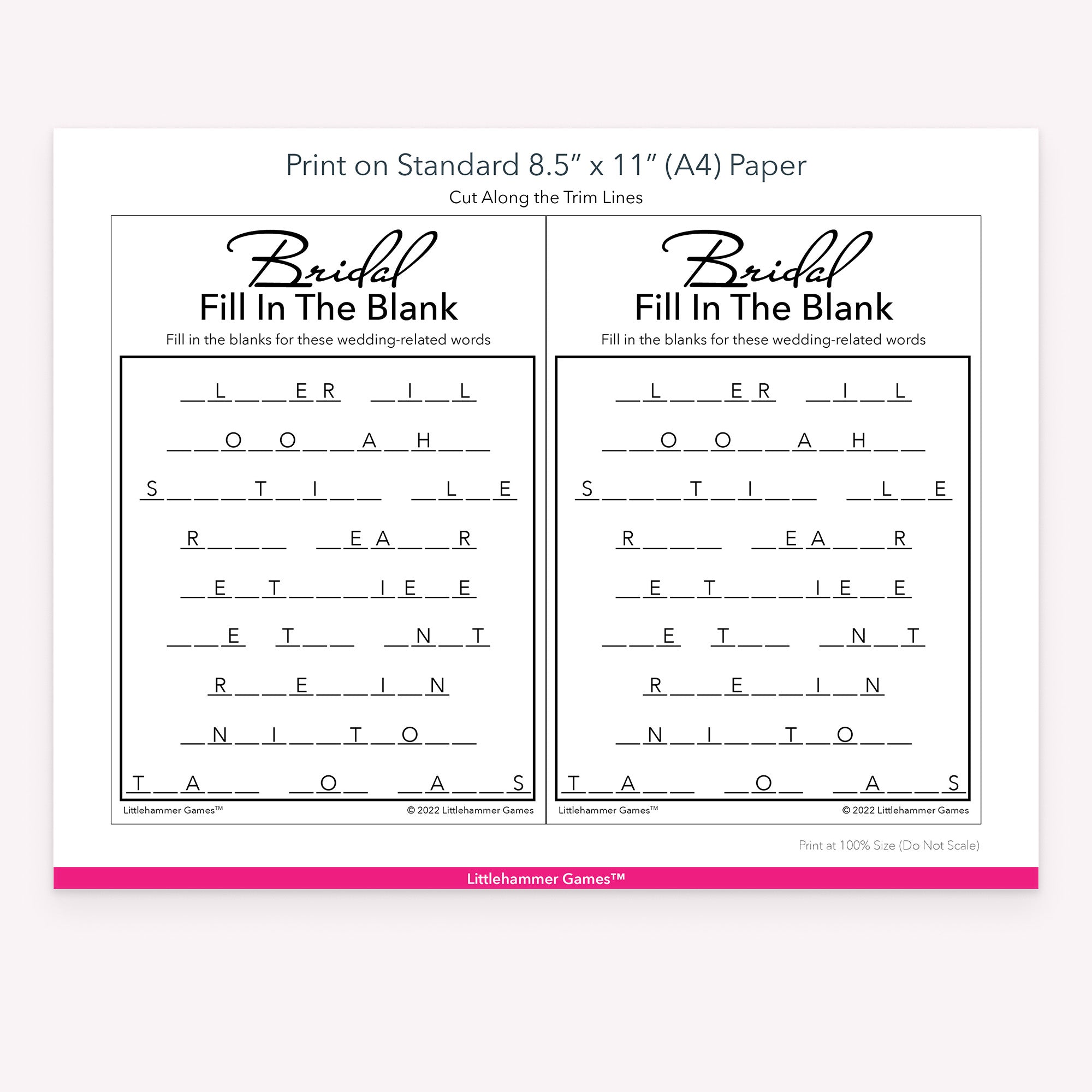 Printable black and white Bridal Fill in the Blank game card layout showing US Letter size dimensions and printing information