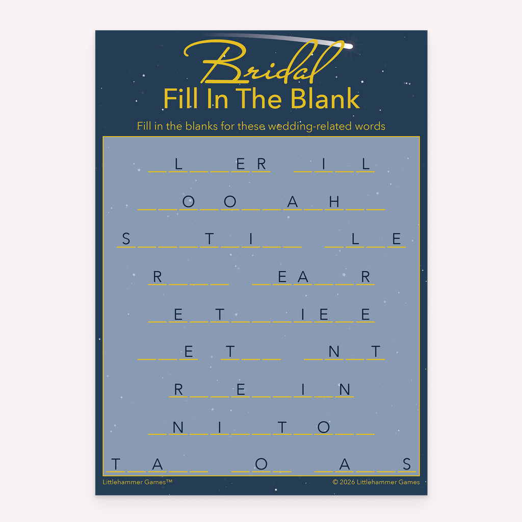 Shooting star-themed Bridal Fill in the Blank printable bridal shower game card