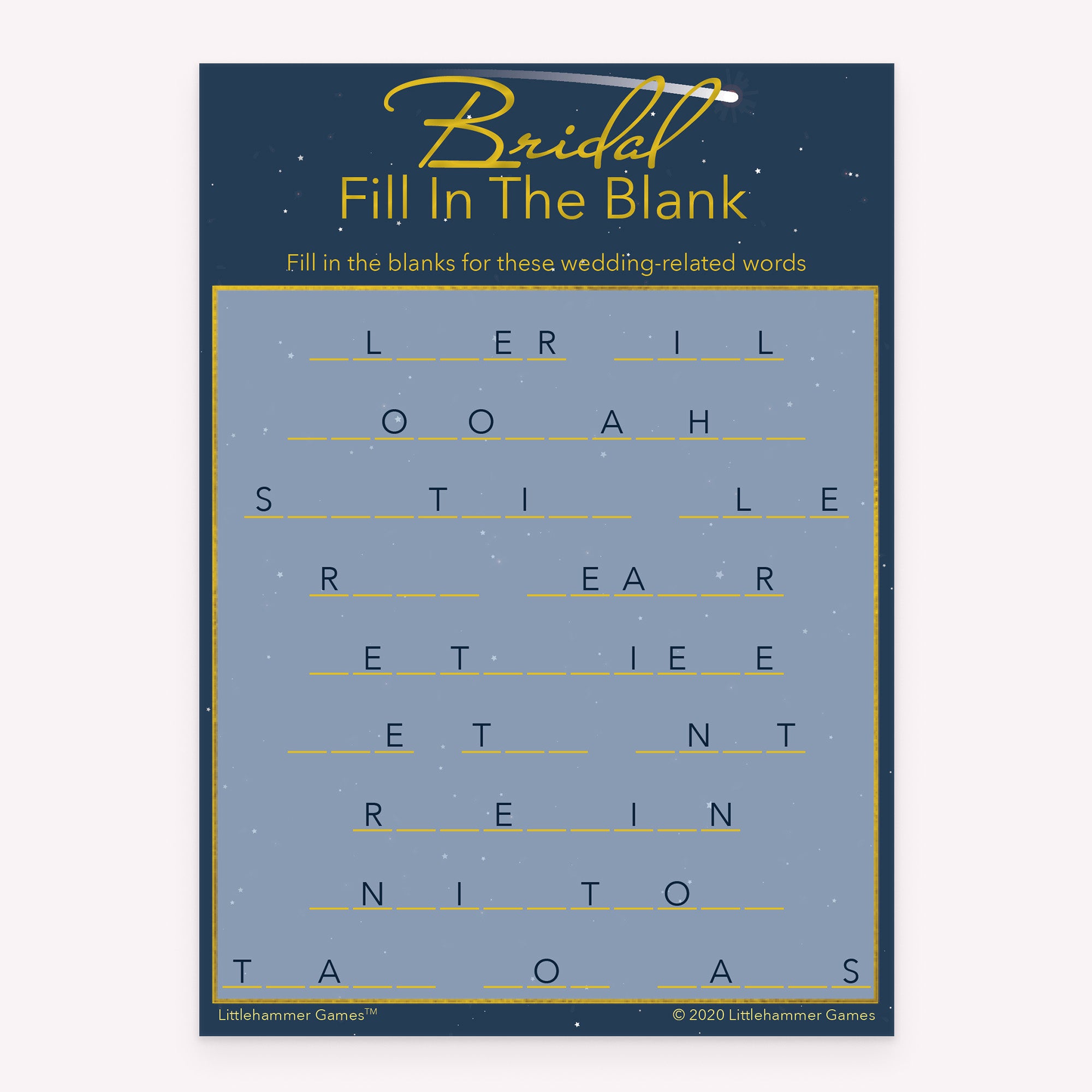 Shooting star-themed Bridal Fill in the Blank printable bridal shower game card