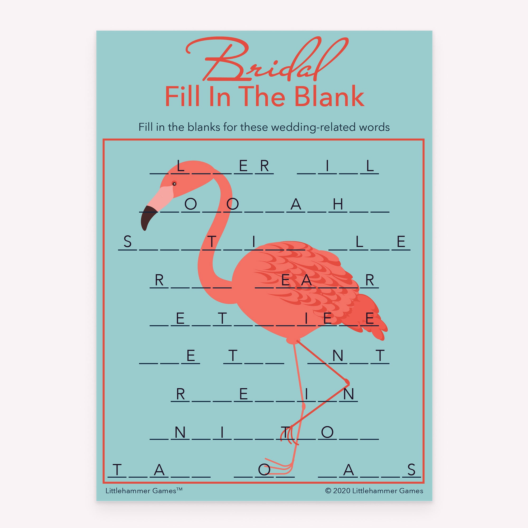 Bridal shower Bridal Fill in the Blank printable game card in orange and blue flamingo color scheme