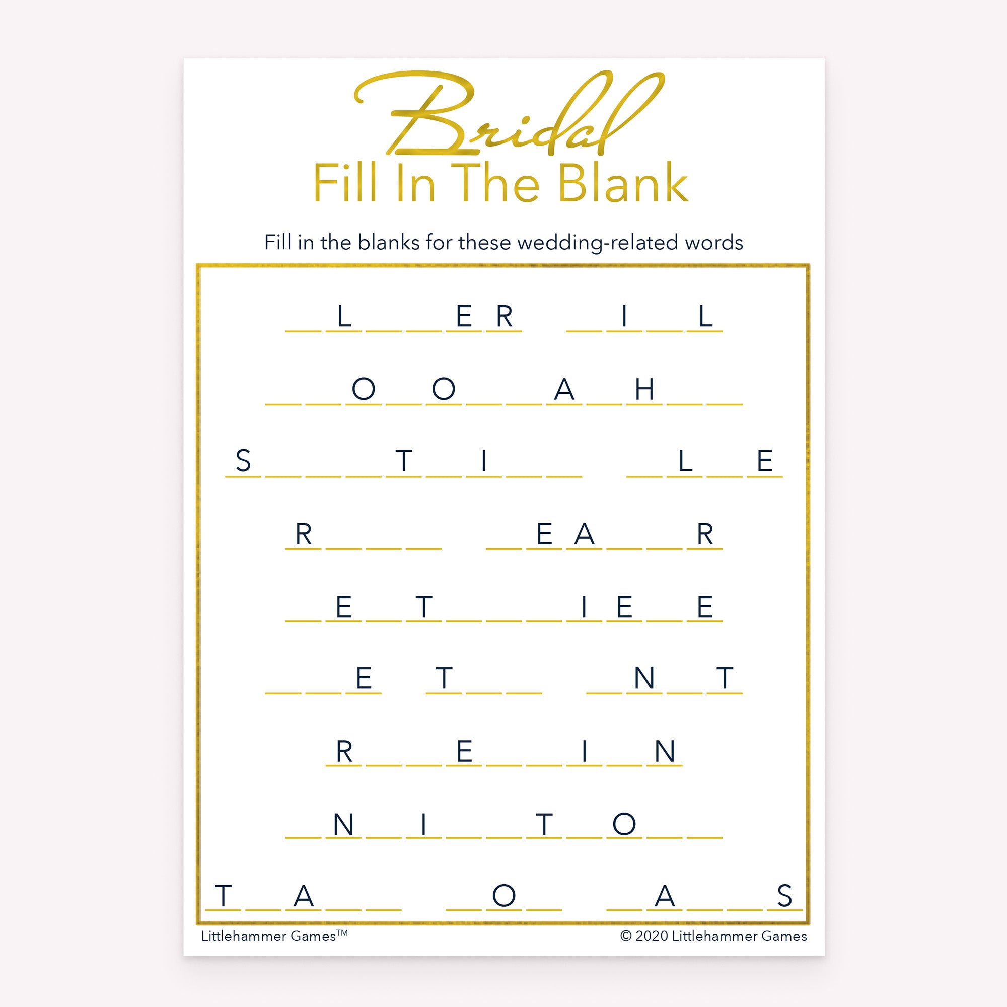 Bridal Fill in the Blank bridal shower printable activity card in gold and white