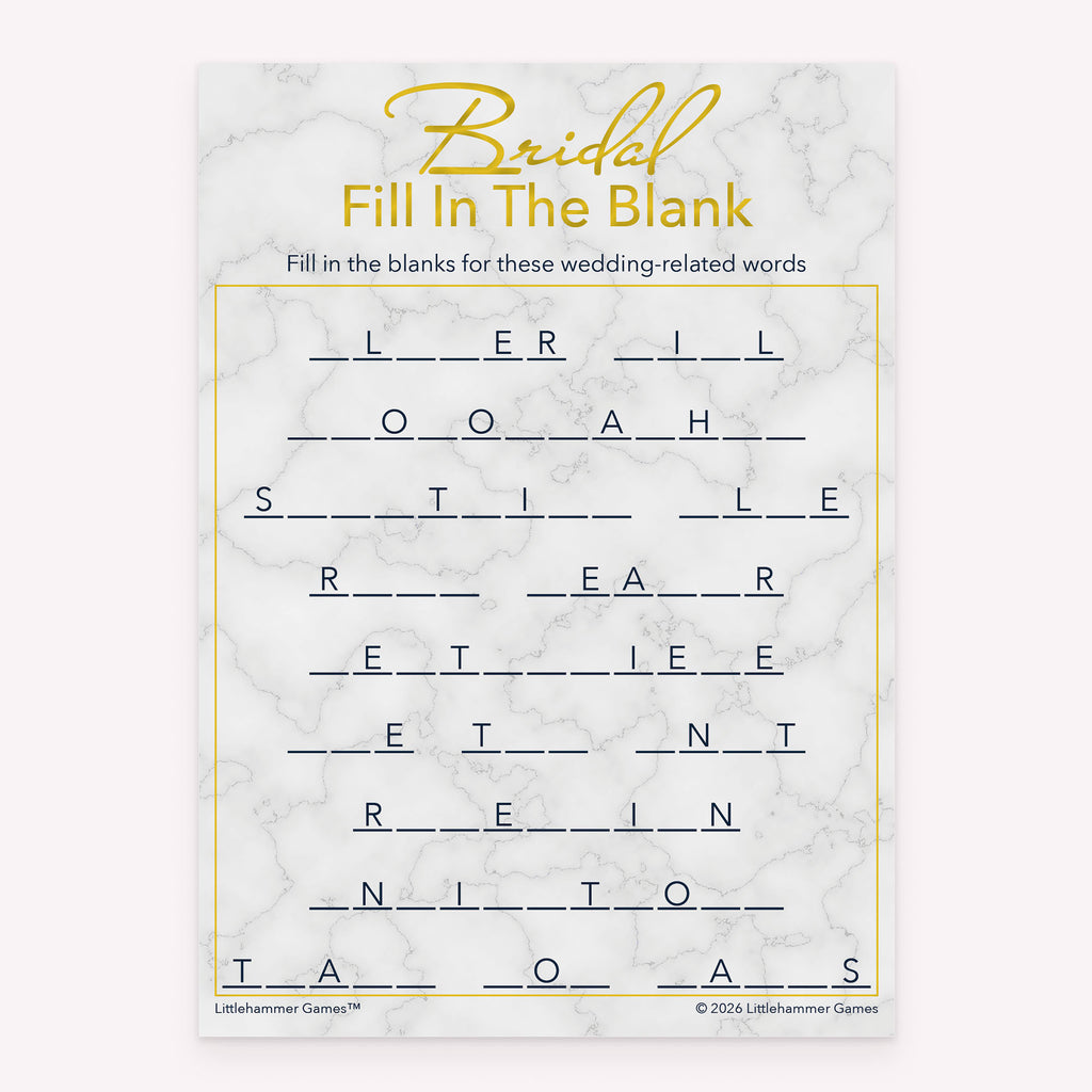 Gold and marble printable bridal shower game card for Bridal Fill in the Blank