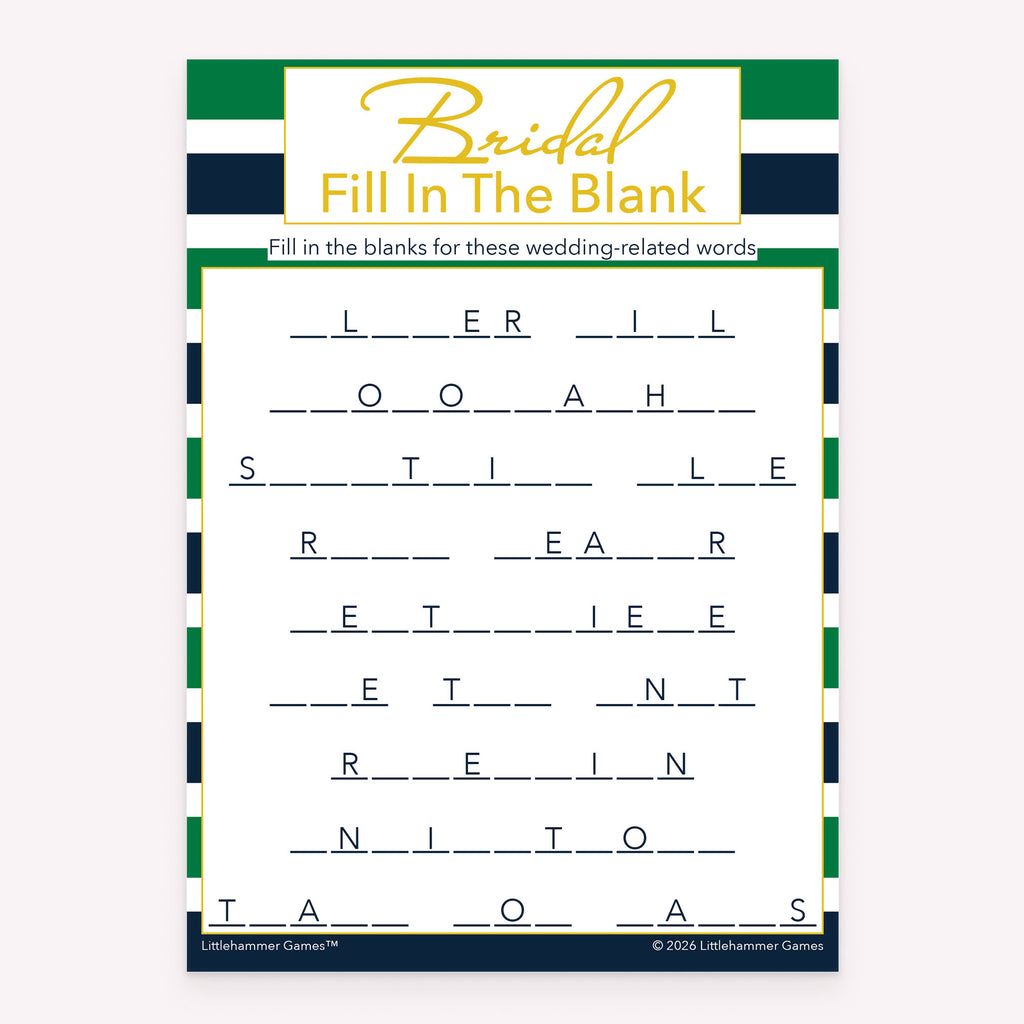 Green and navy-striped bridal shower Bridal Fill in the Blank printable game card layout
