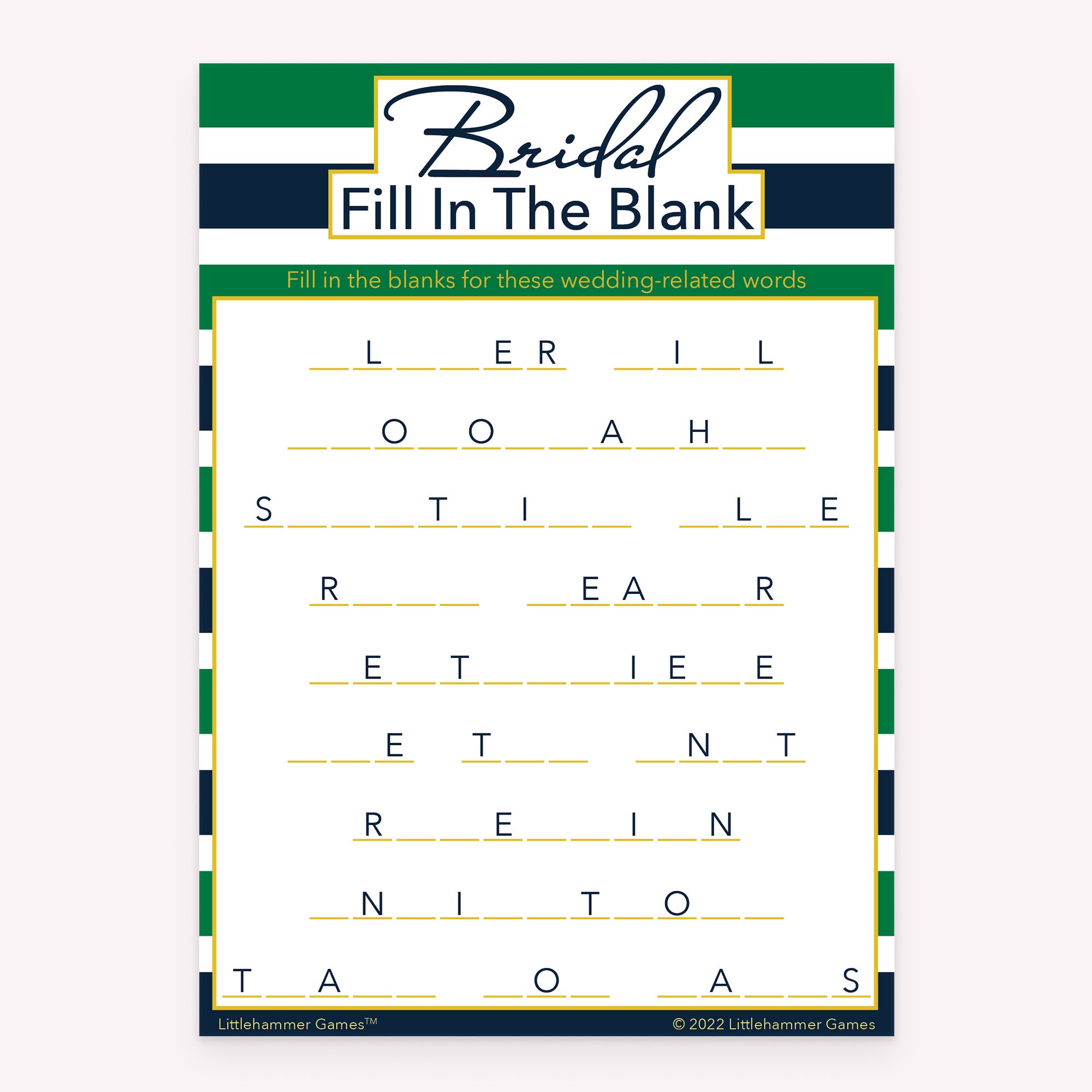 Green and navy-striped bridal shower Bridal Fill in the Blank printable game card layout