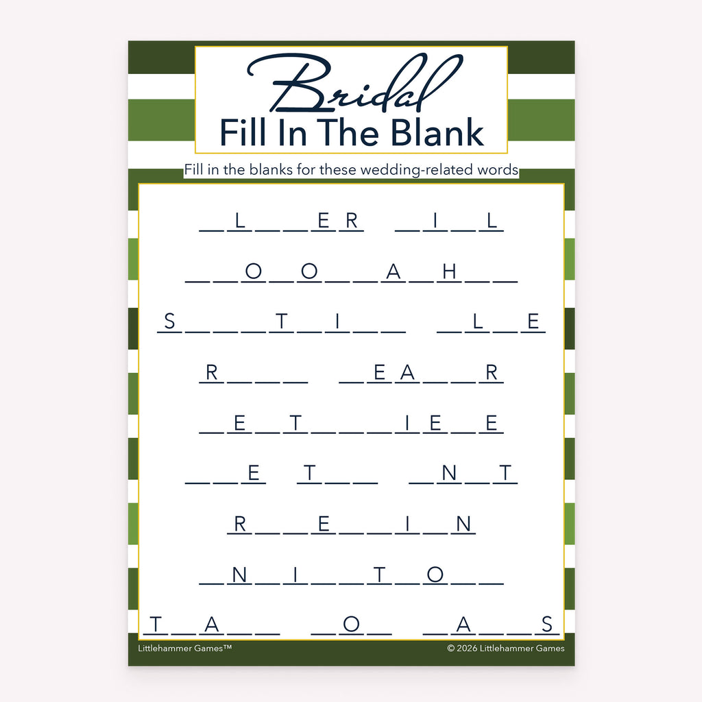Bridal Fill in the Blank printable bridal shower activity in green-striped style