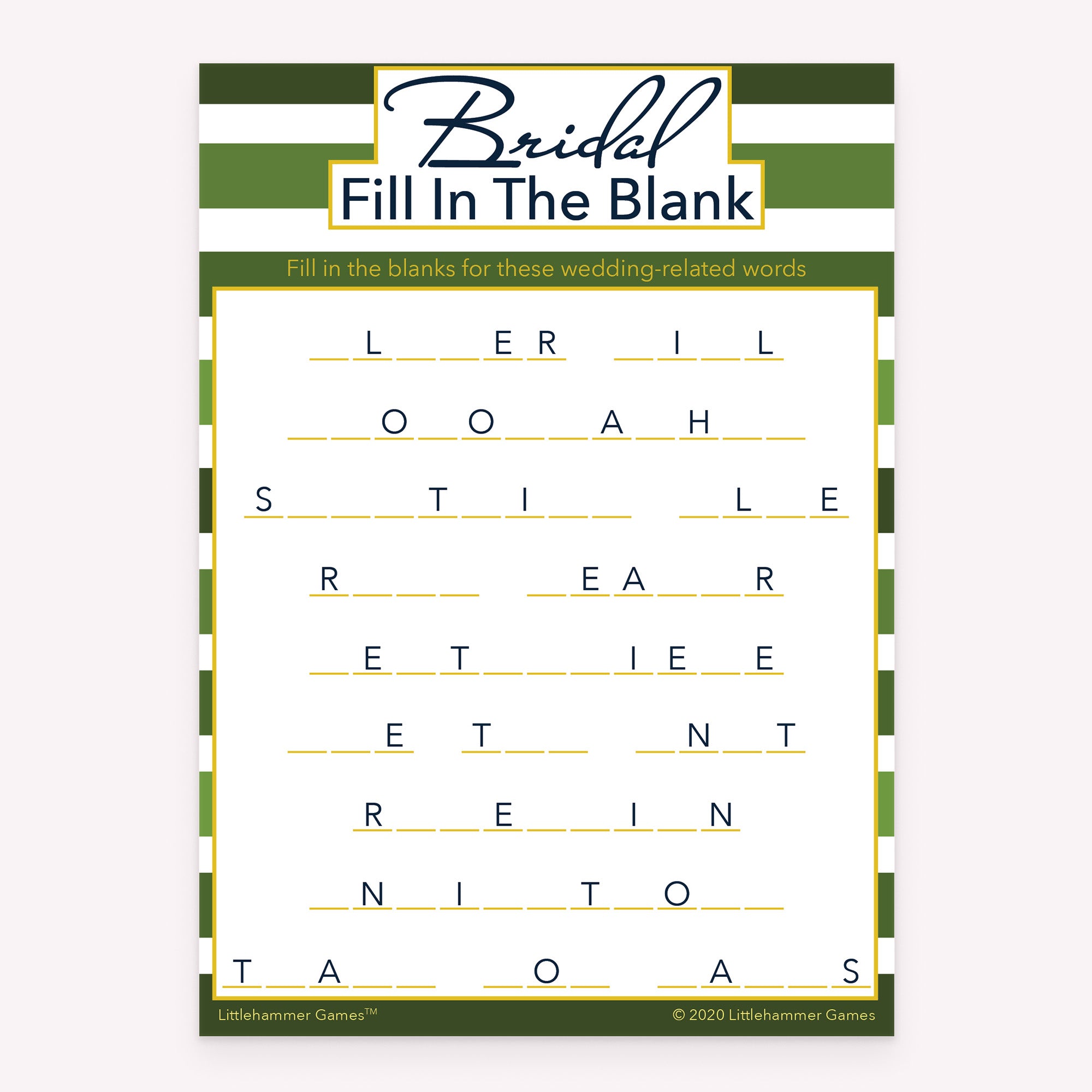 Bridal Fill in the Blank printable bridal shower activity in green-striped style