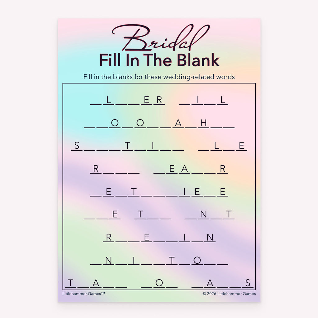 Printable Bridal Fill in the Blank bridal shower game card in hologram design