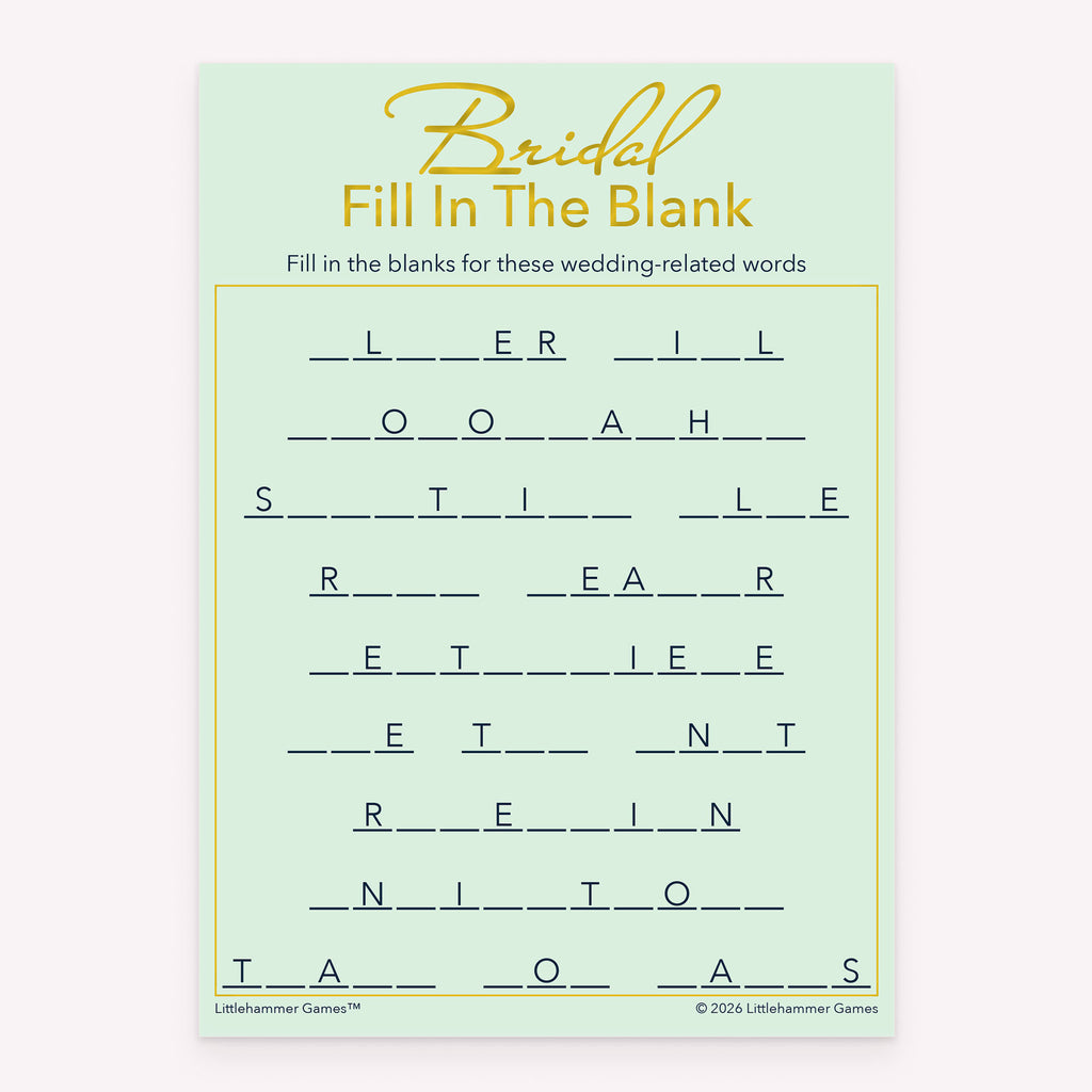 Printable bridal shower Bridal Fill in the Blank card in mint and gold theme