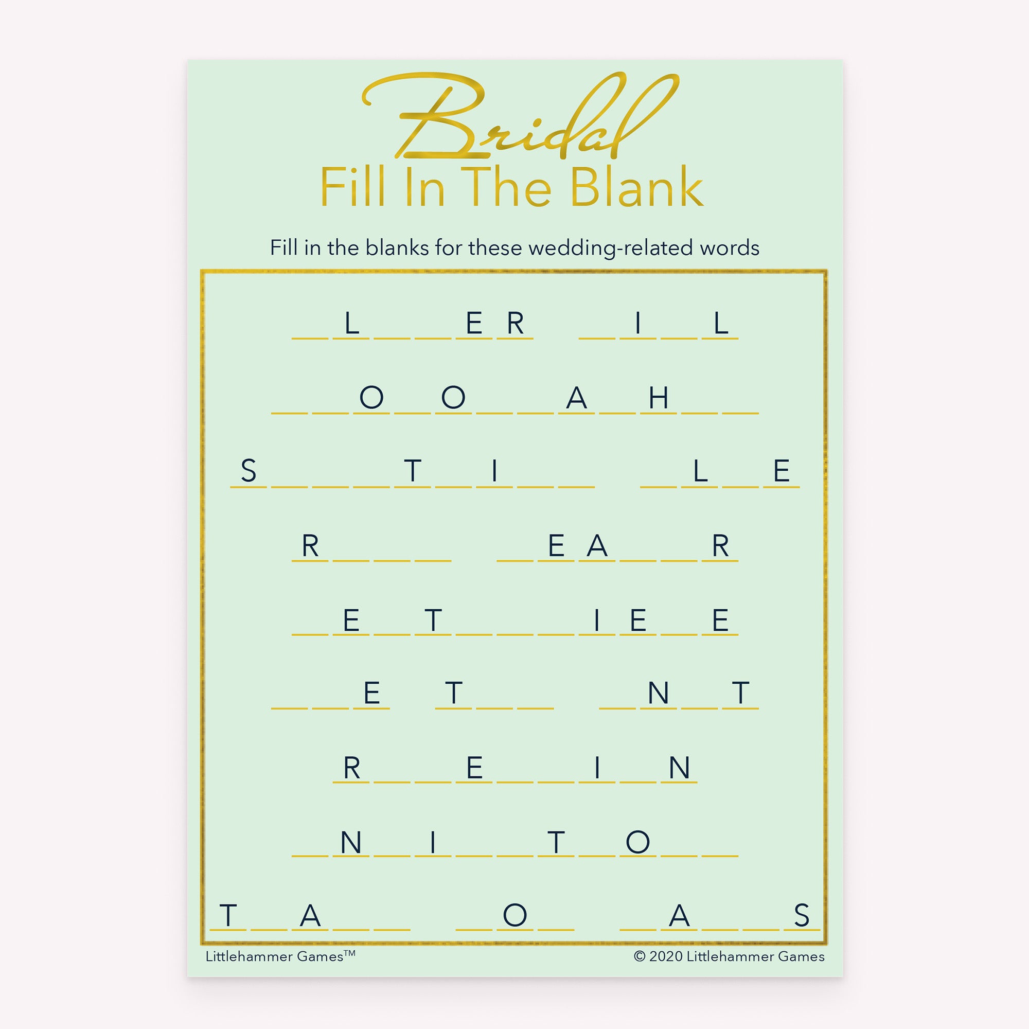 Printable bridal shower Bridal Fill in the Blank card in mint and gold theme
