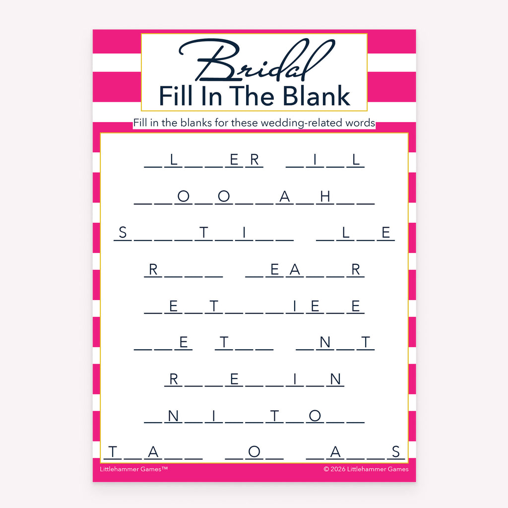 Printable bridal shower Bridal Fill in the Blank game card with pink stripe design