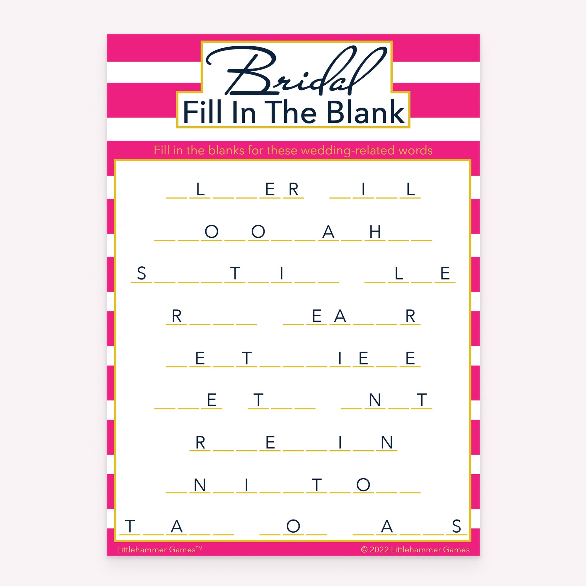 Printable bridal shower Bridal Fill in the Blank game card with pink stripe design