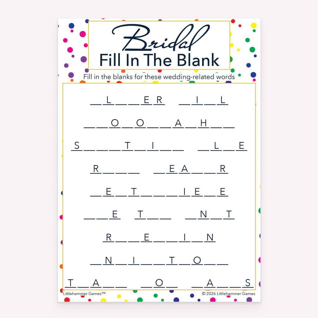 Rainbow polka dot printable Bridal Fill in the Blank bridal shower game card