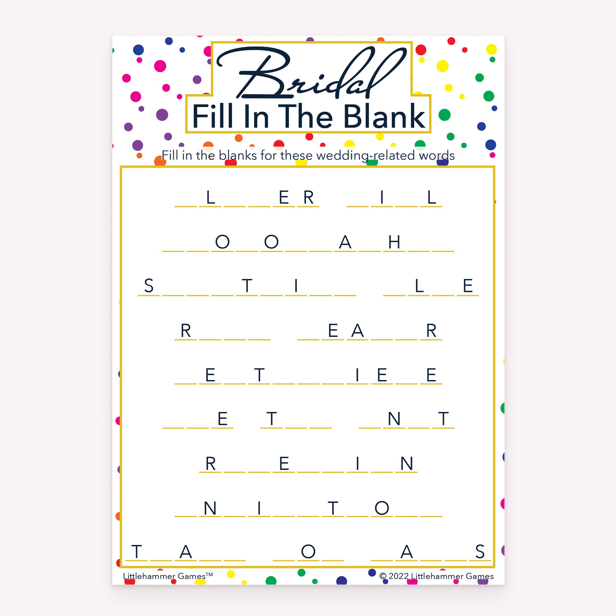 Rainbow polka dot printable Bridal Fill in the Blank bridal shower game card