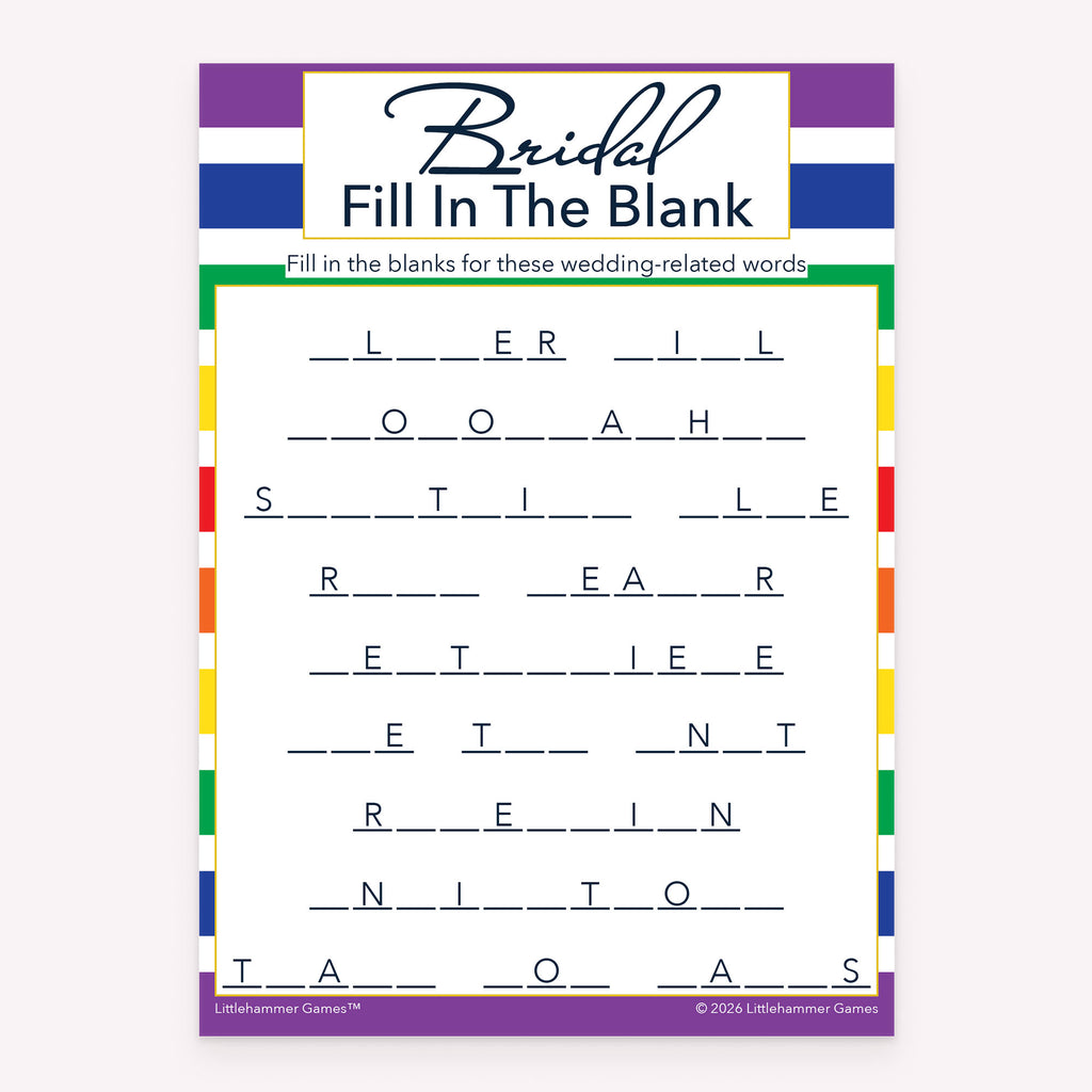 Bridal Fill in the Blank bridal shower printable card in rainbow stripes theme
