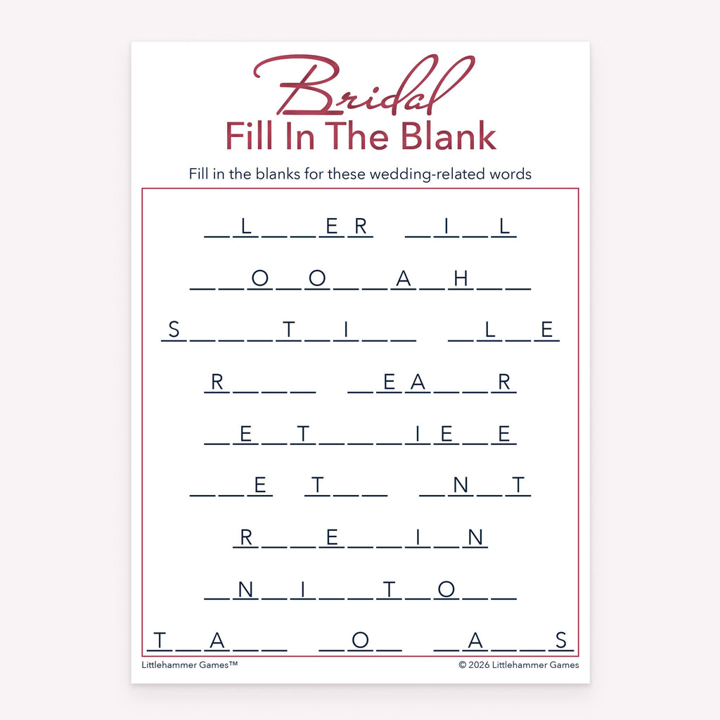 Bridal Fill in the Blank bridal shower game card with rose gold and white layout