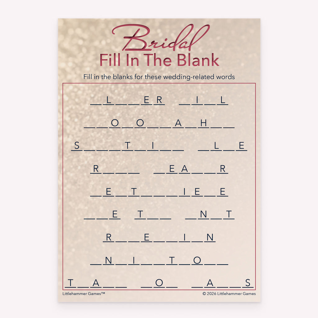 Bridal shower printable Bridal Fill in the Blank card featuring glittery rose gold background