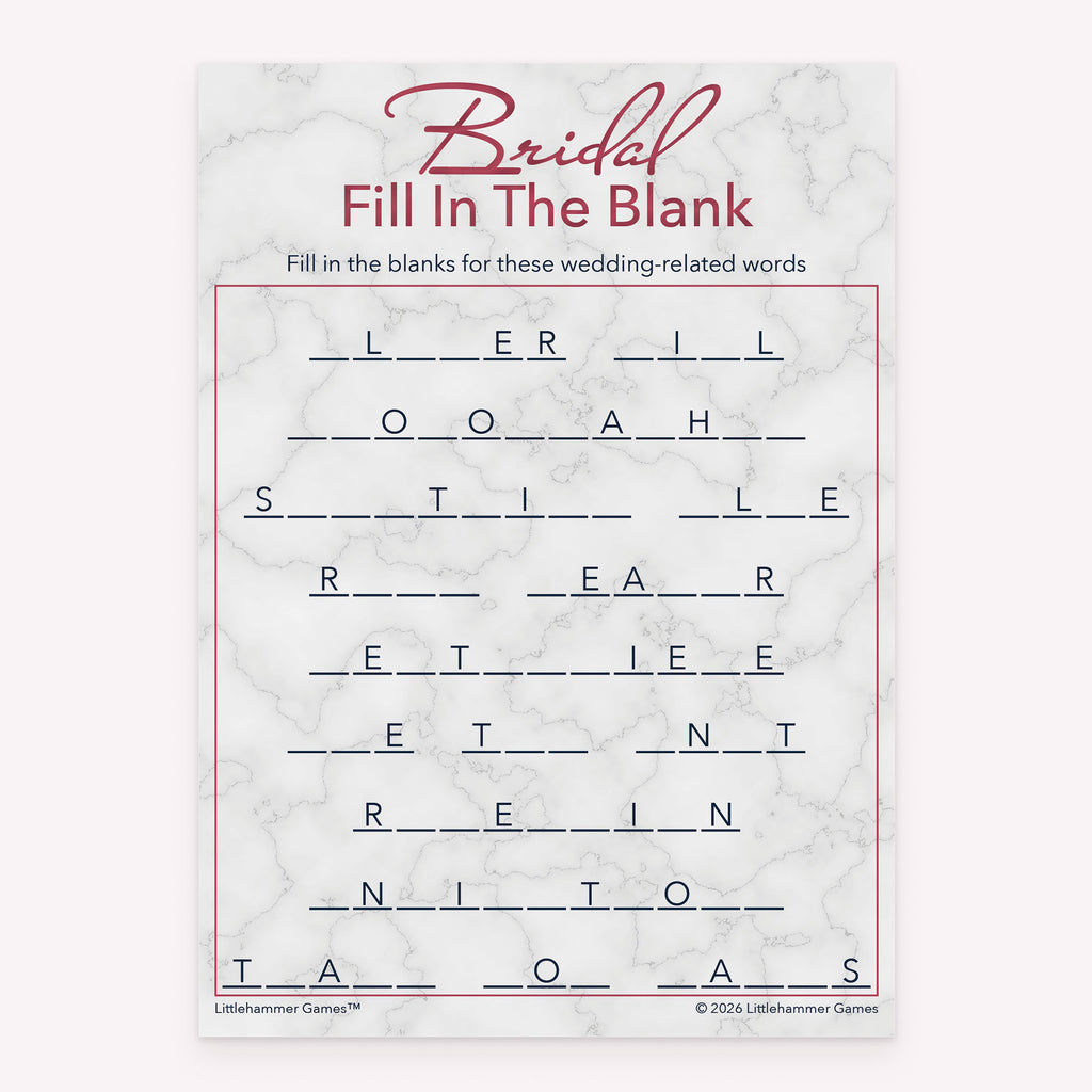 Rose gold and marble design bridal shower printable Bridal Fill in the Blank card