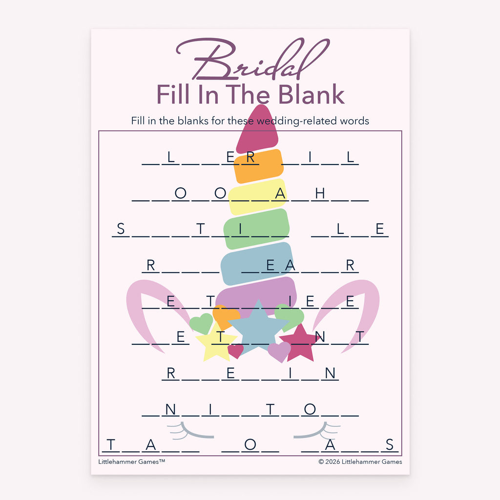 Bridal Fill in the Blank bridal shower printable game card featuring unicorn style