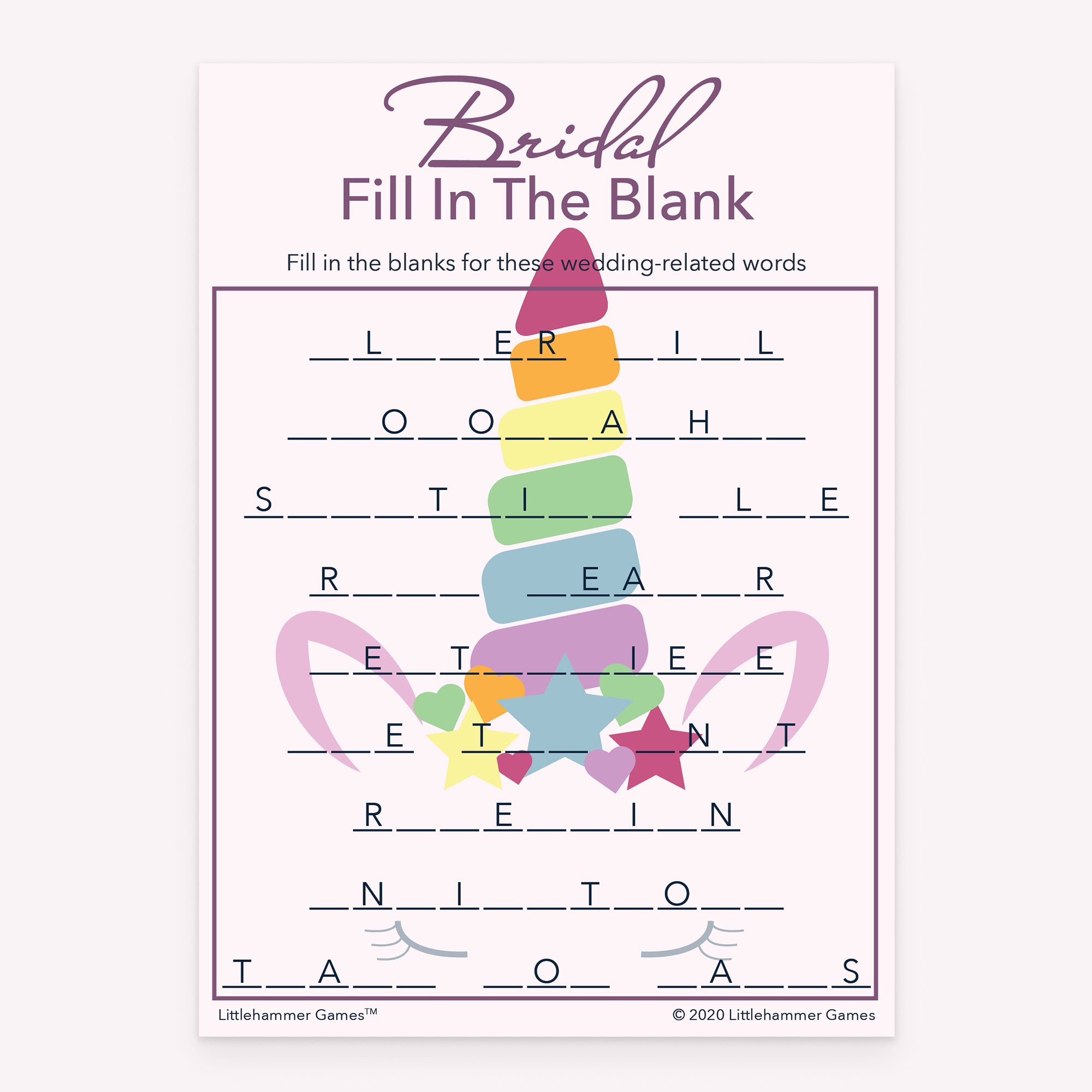 Bridal Fill in the Blank bridal shower printable game card featuring unicorn style