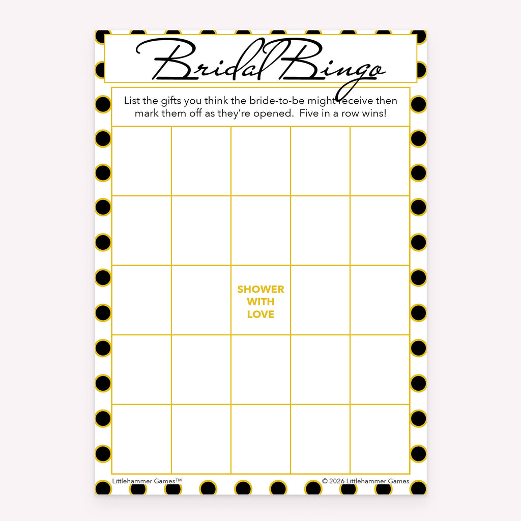 Black and gold polka dot printable Bridal Gift Bingo bridal shower game card