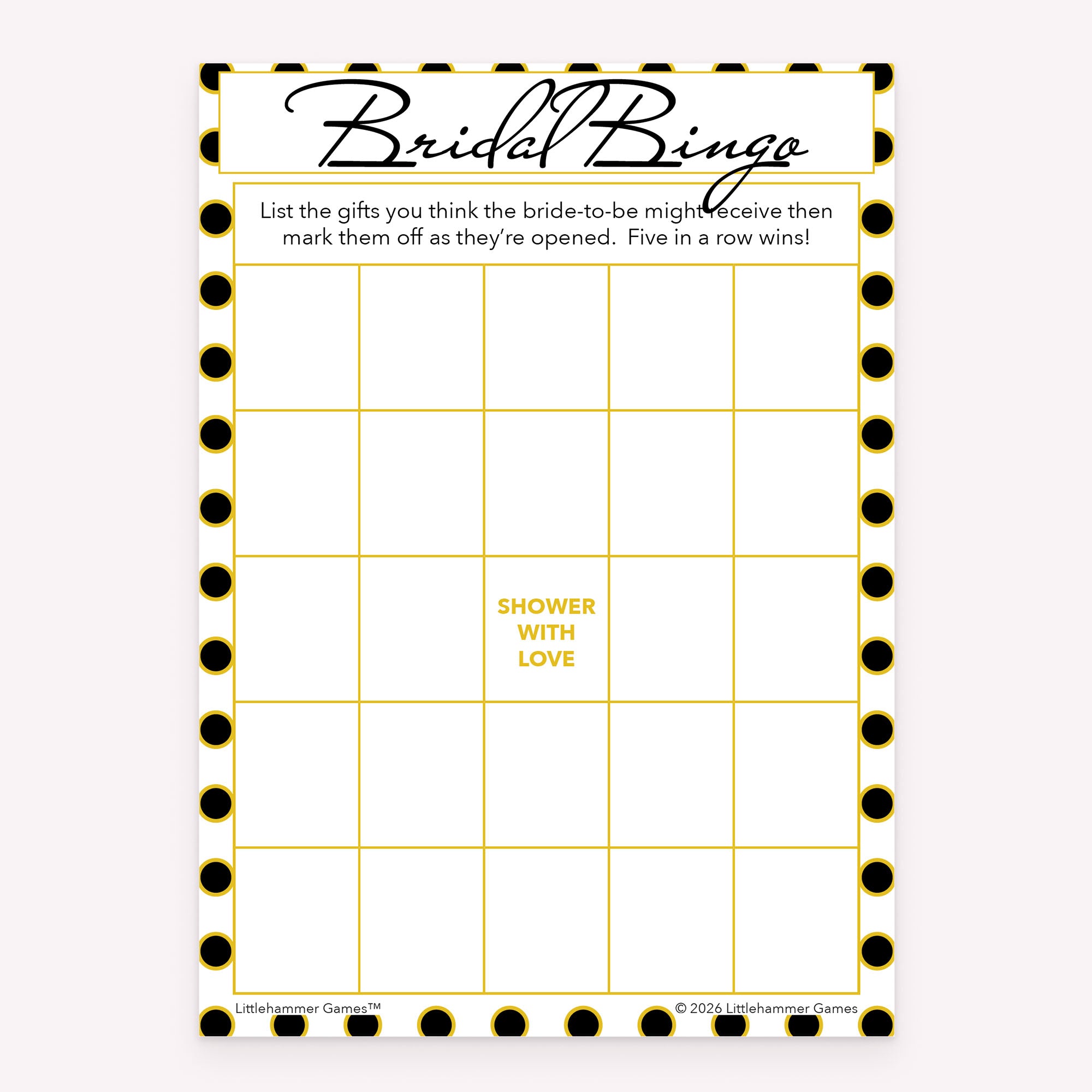 Black and gold polka dot printable Bridal Gift Bingo bridal shower game card
