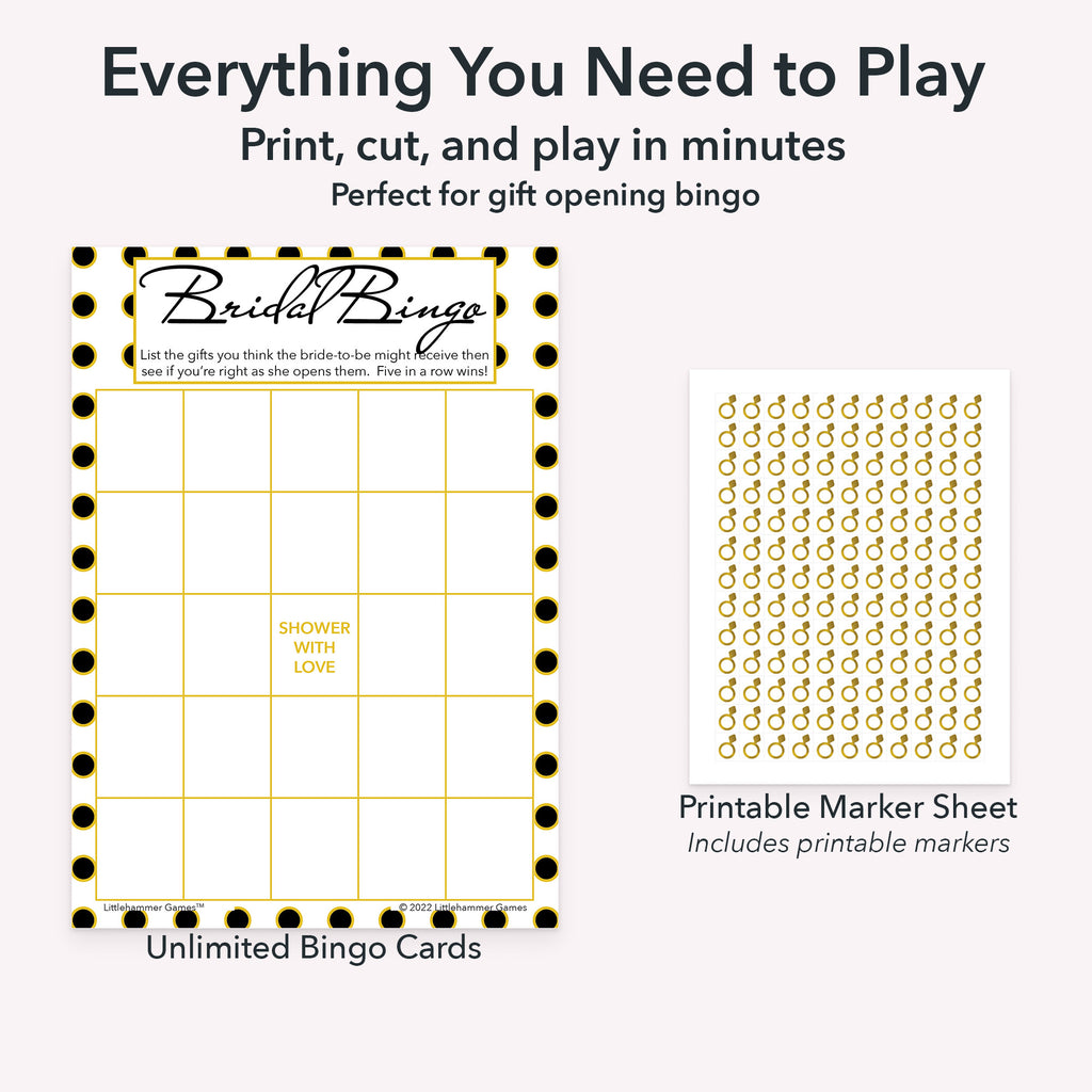 Printable bridal gift bingo game set including blank bingo gift tracking cards and markers sheet