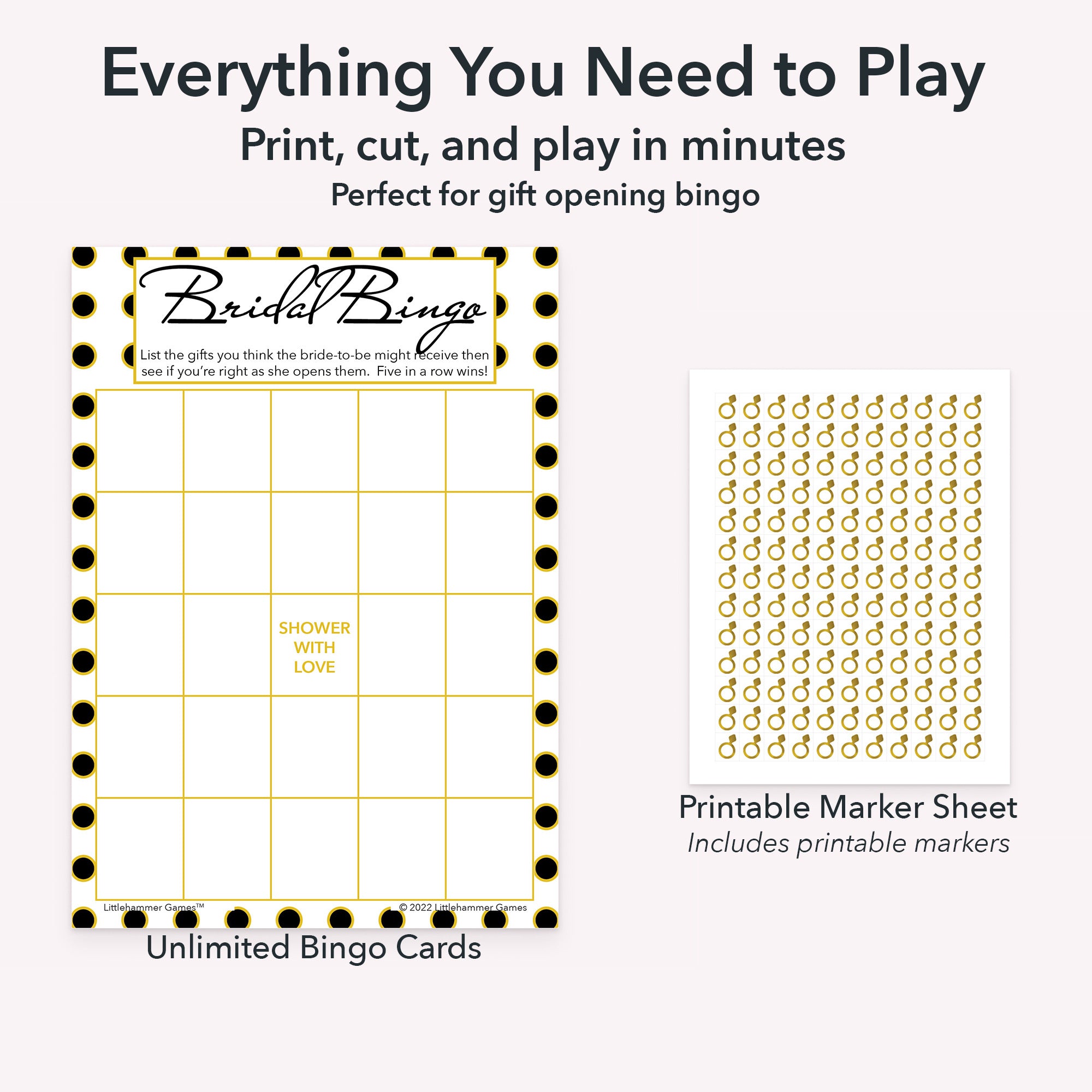 Printable bridal gift bingo game set including blank bingo gift tracking cards and markers sheet