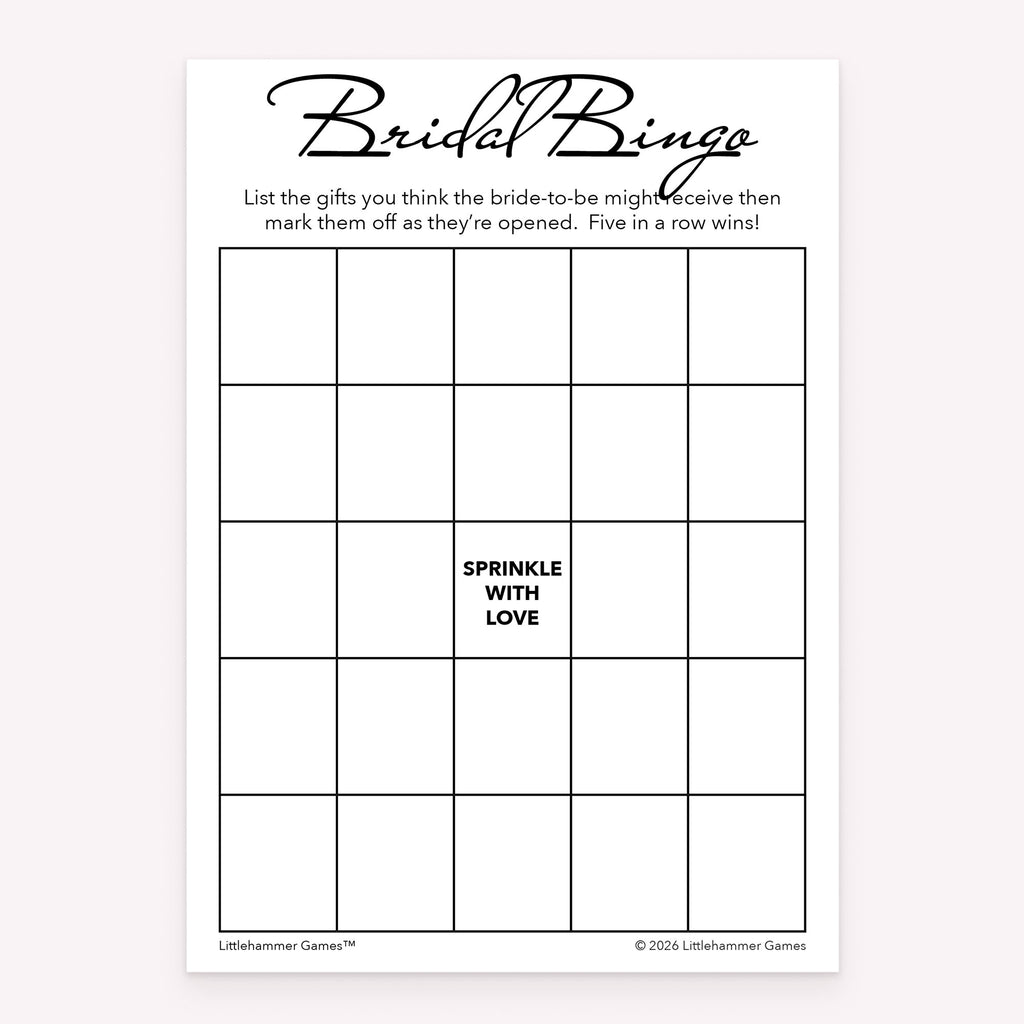 Bridal Gift Bingo bridal shower printable activity card in black and white