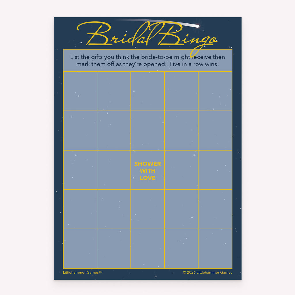 Bridal shower Bridal Gift Bingo printable game card in celestial blue and gold color scheme
