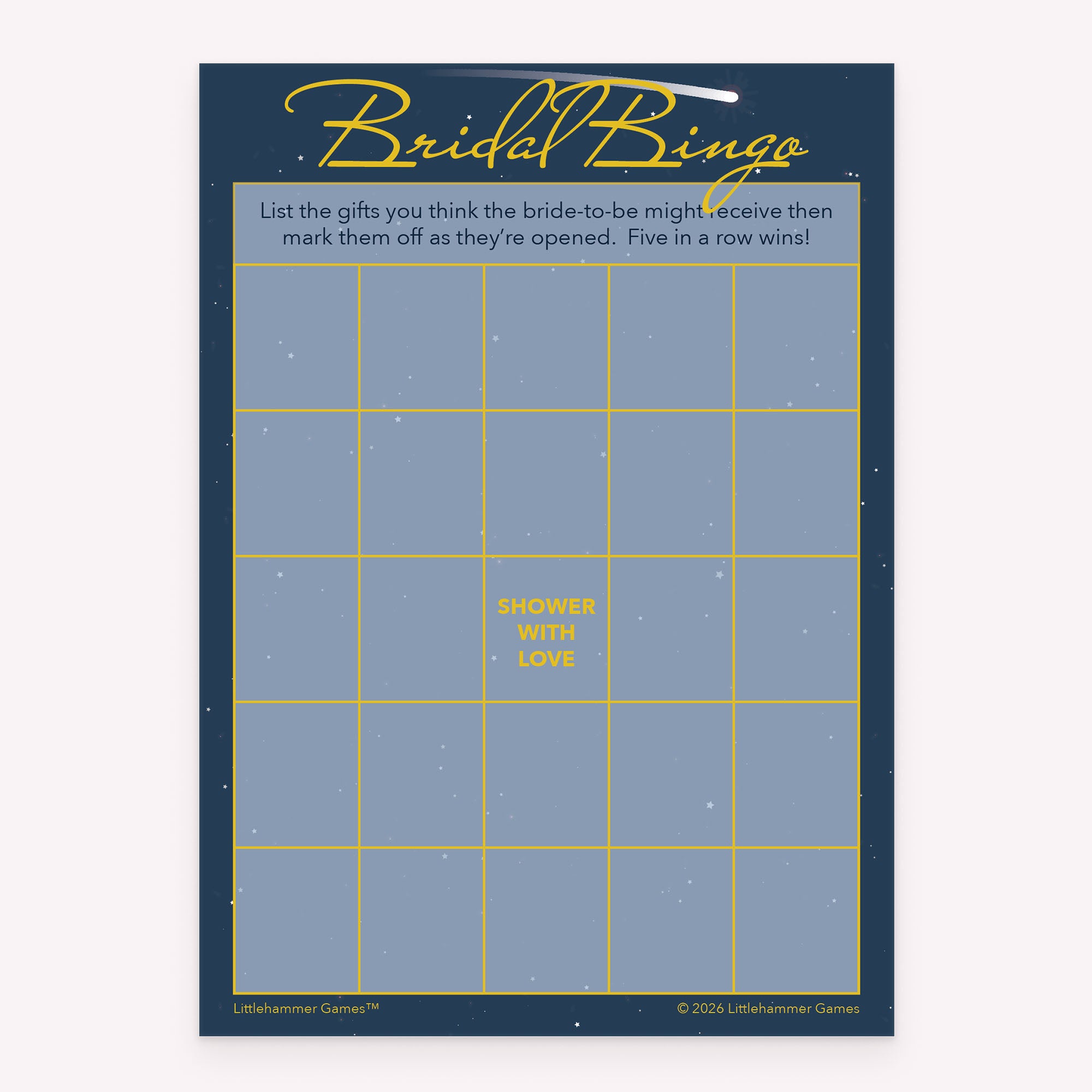 Bridal shower Bridal Gift Bingo printable game card in celestial blue and gold color scheme