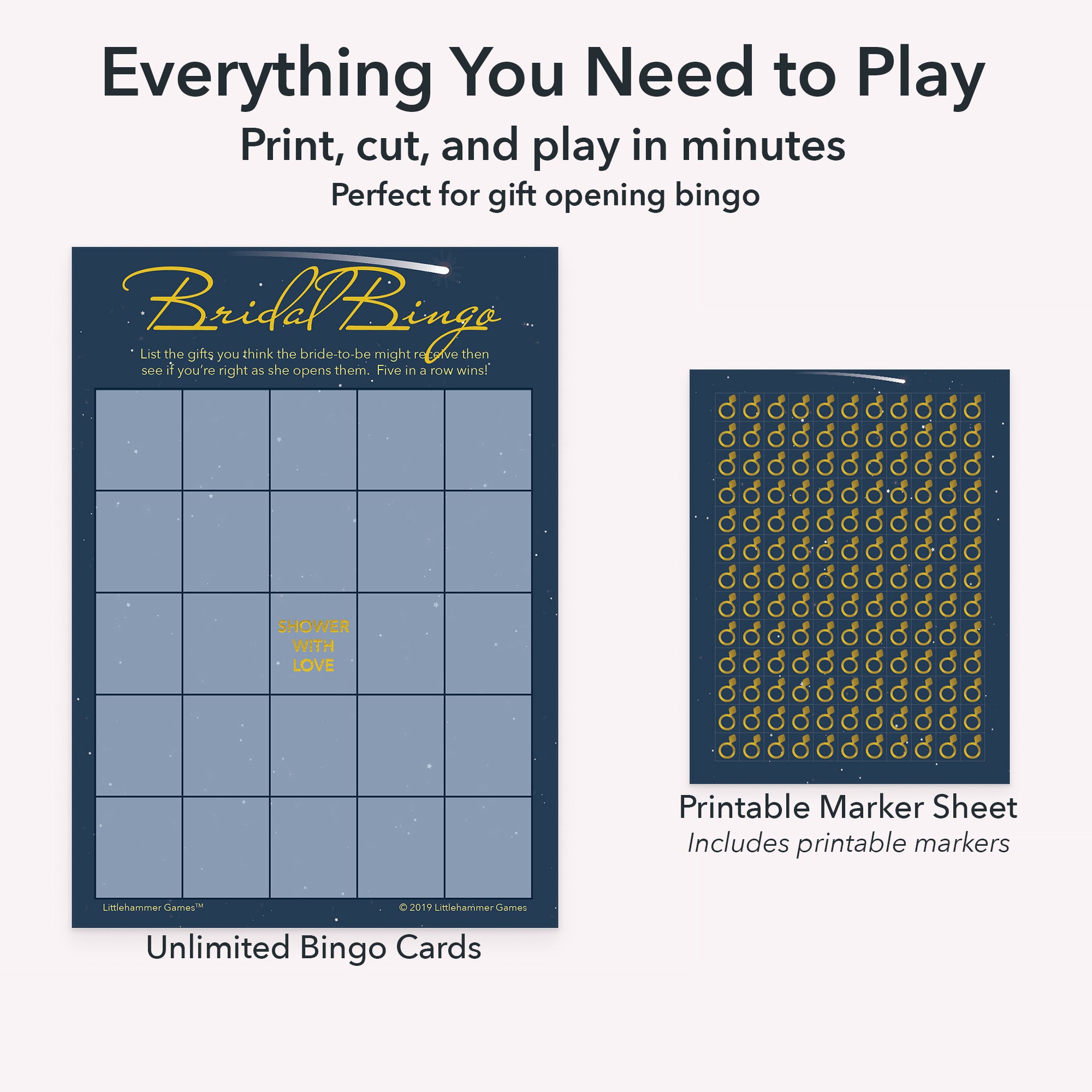 Printable bridal gift bingo game set including blank bingo gift tracking cards and markers sheet