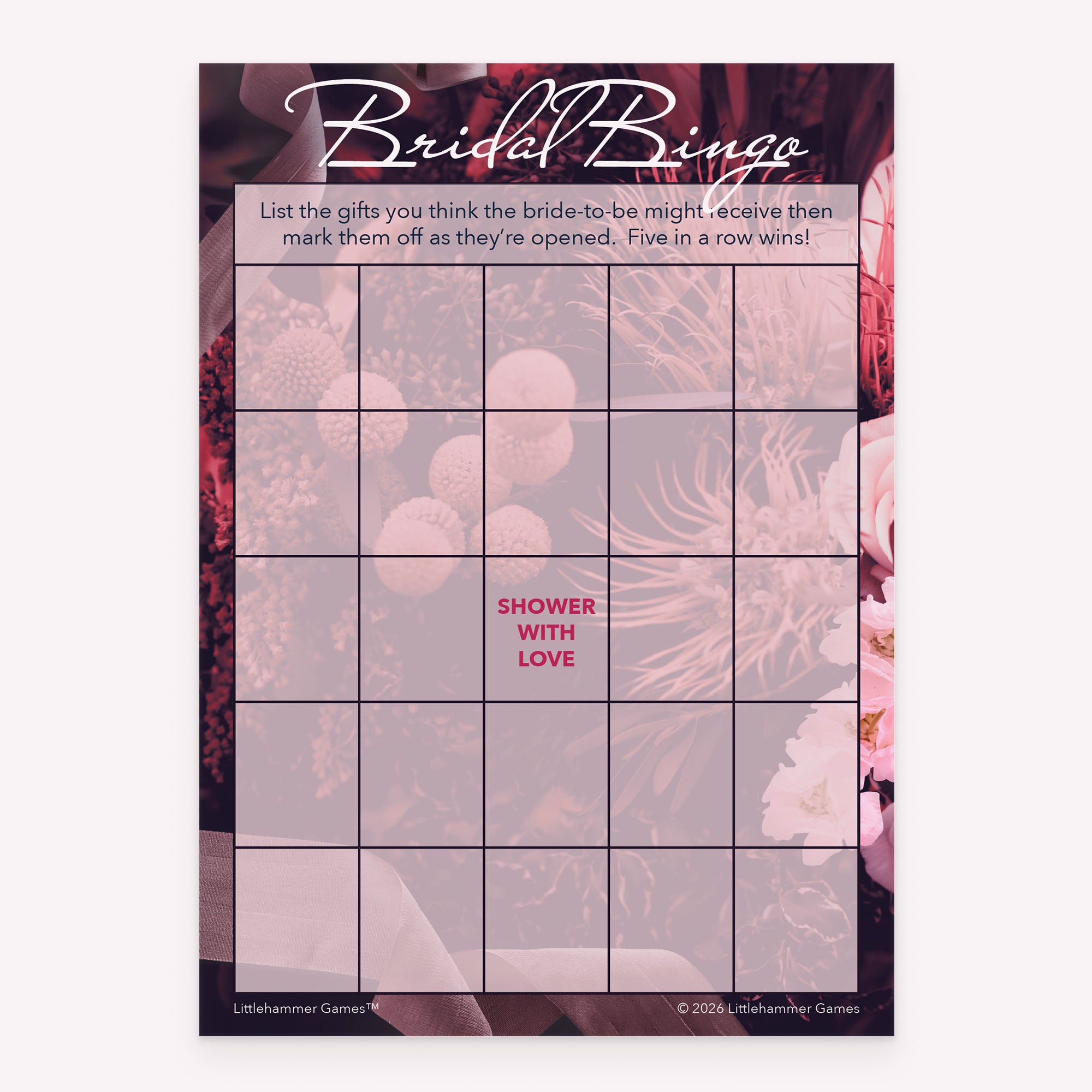 Bridal Gift Bingo printable bridal shower game card with dark purple floral background