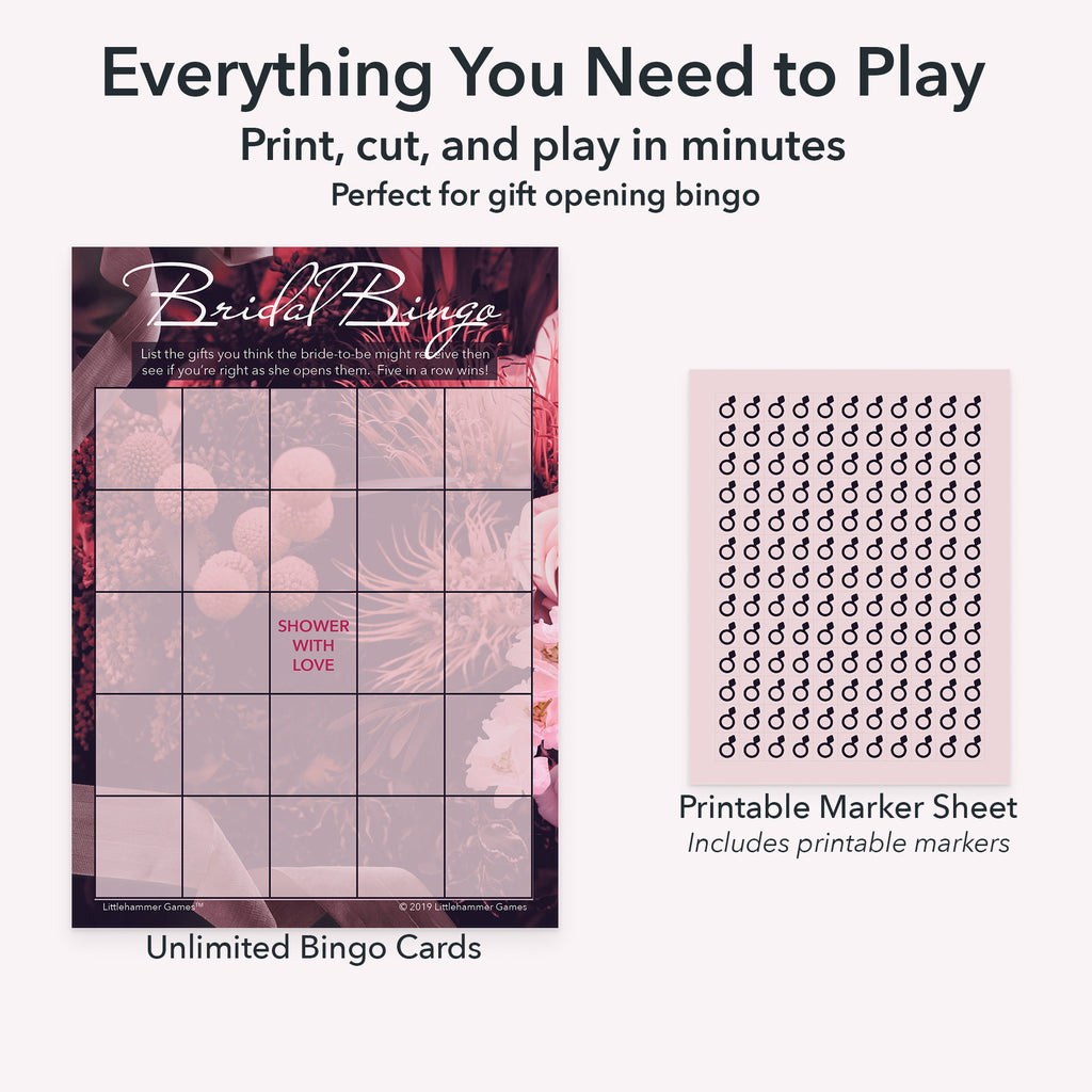 Printable bridal gift bingo game set including blank bingo gift tracking cards and markers sheet