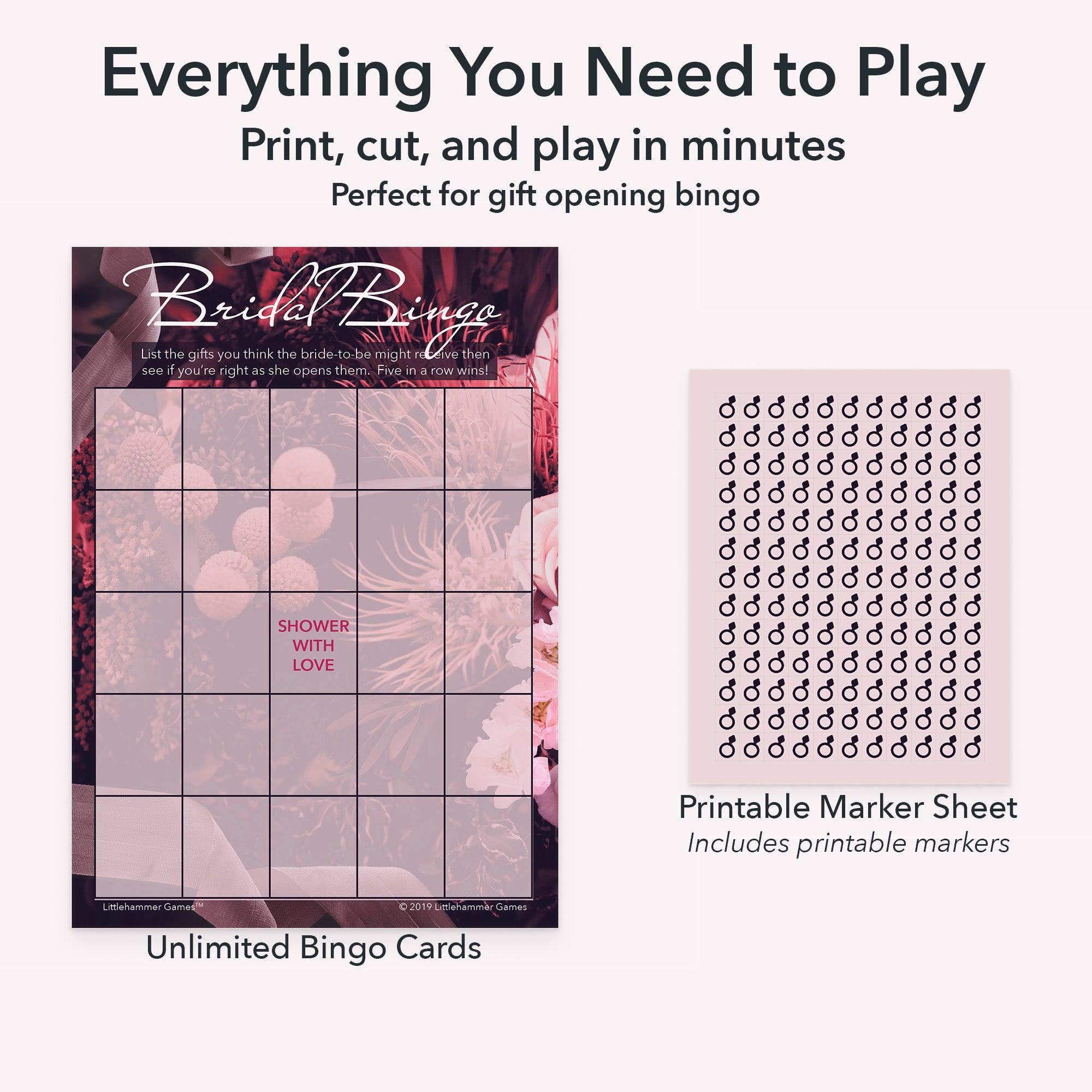 Printable bridal gift bingo game set including blank bingo gift tracking cards and markers sheet