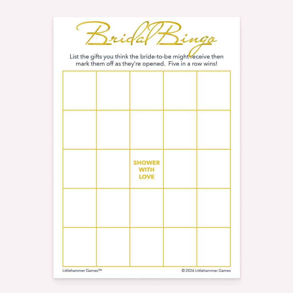 Gold and white printable bridal shower game card for Bridal Gift Bingo