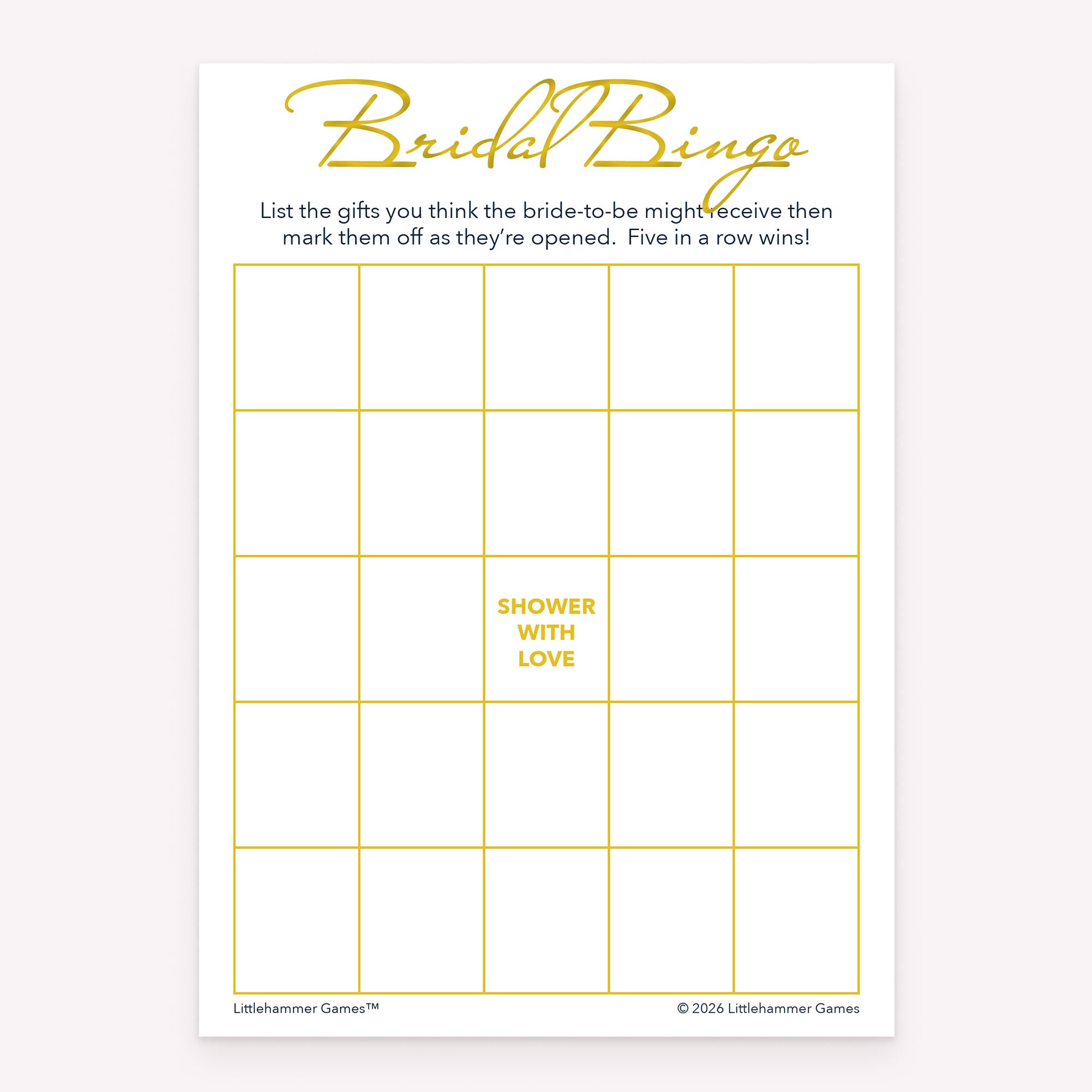 Gold and white printable bridal shower game card for Bridal Gift Bingo