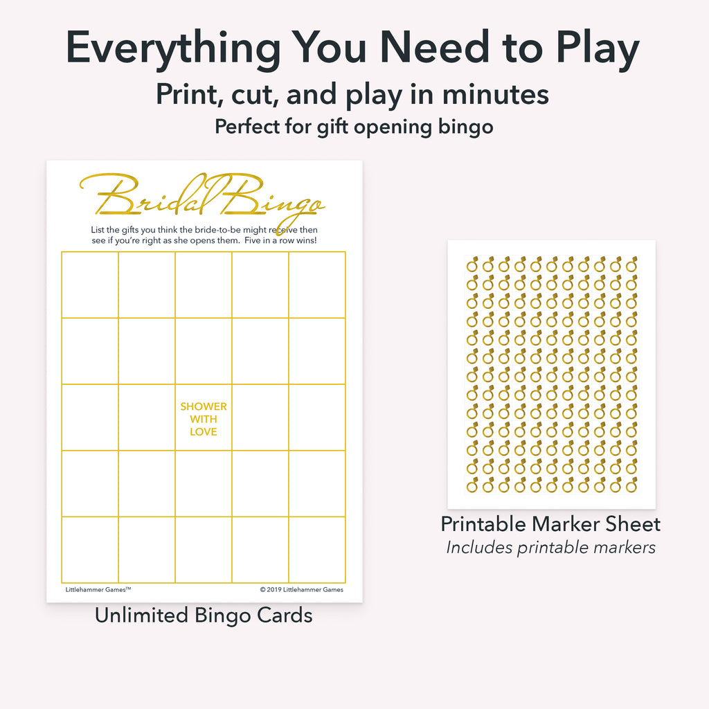 Printable bridal gift bingo game set including blank bingo gift tracking cards and markers sheet
