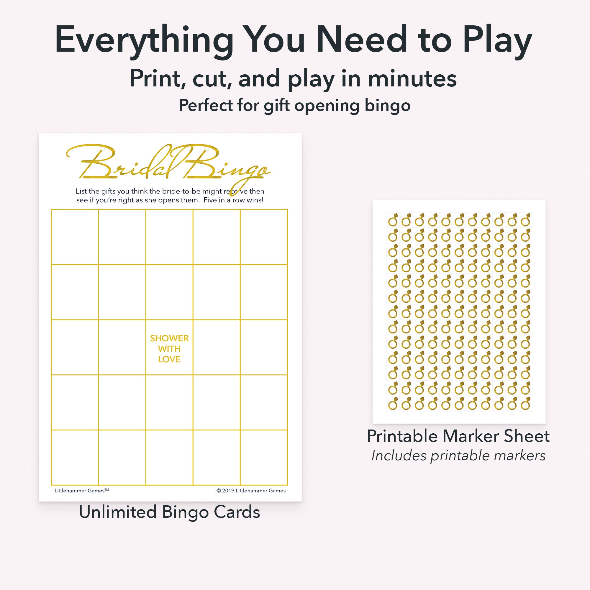 Printable bridal gift bingo game set including blank bingo gift tracking cards and markers sheet