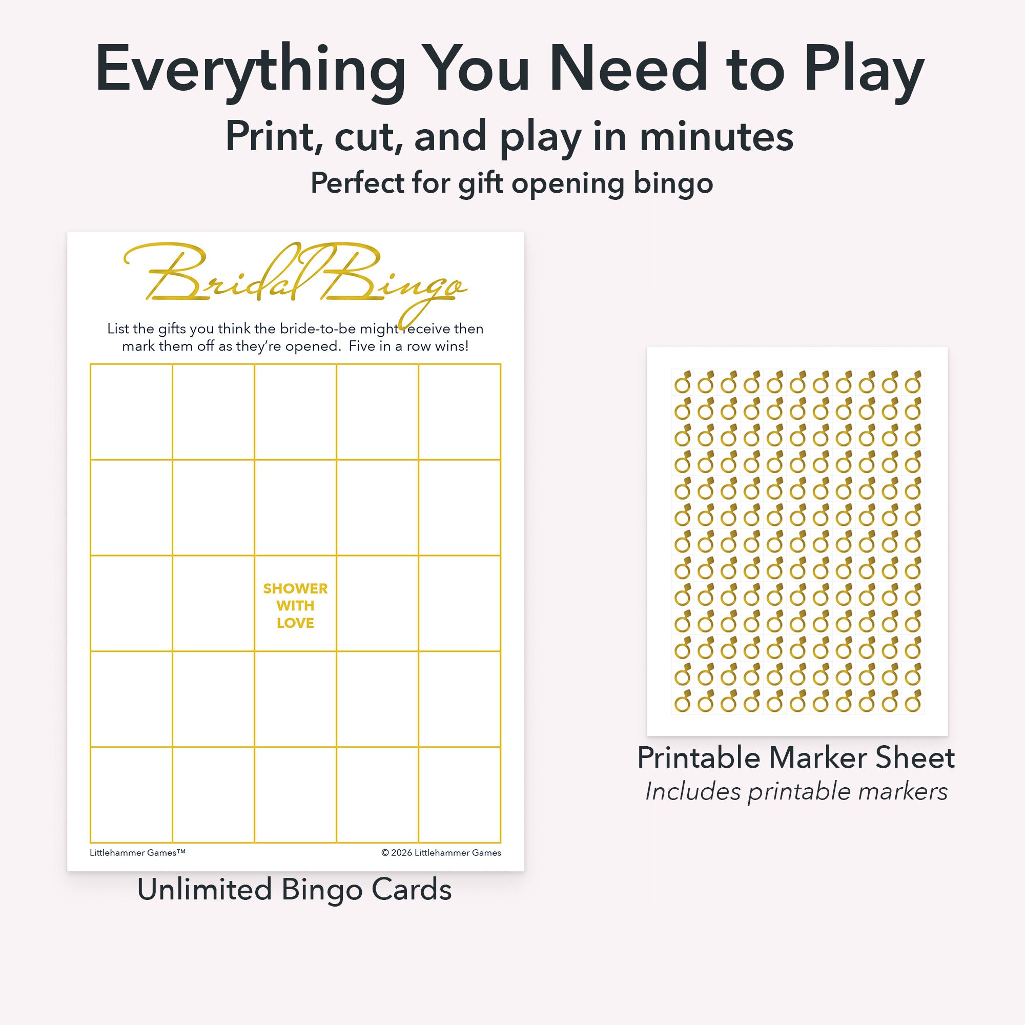 Printable bridal gift bingo game set including blank bingo gift tracking cards and markers sheet