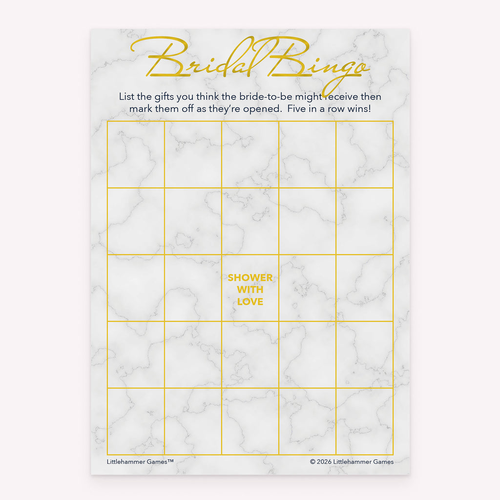 Printable bridal shower Bridal Gift Bingo card in gold and marble theme