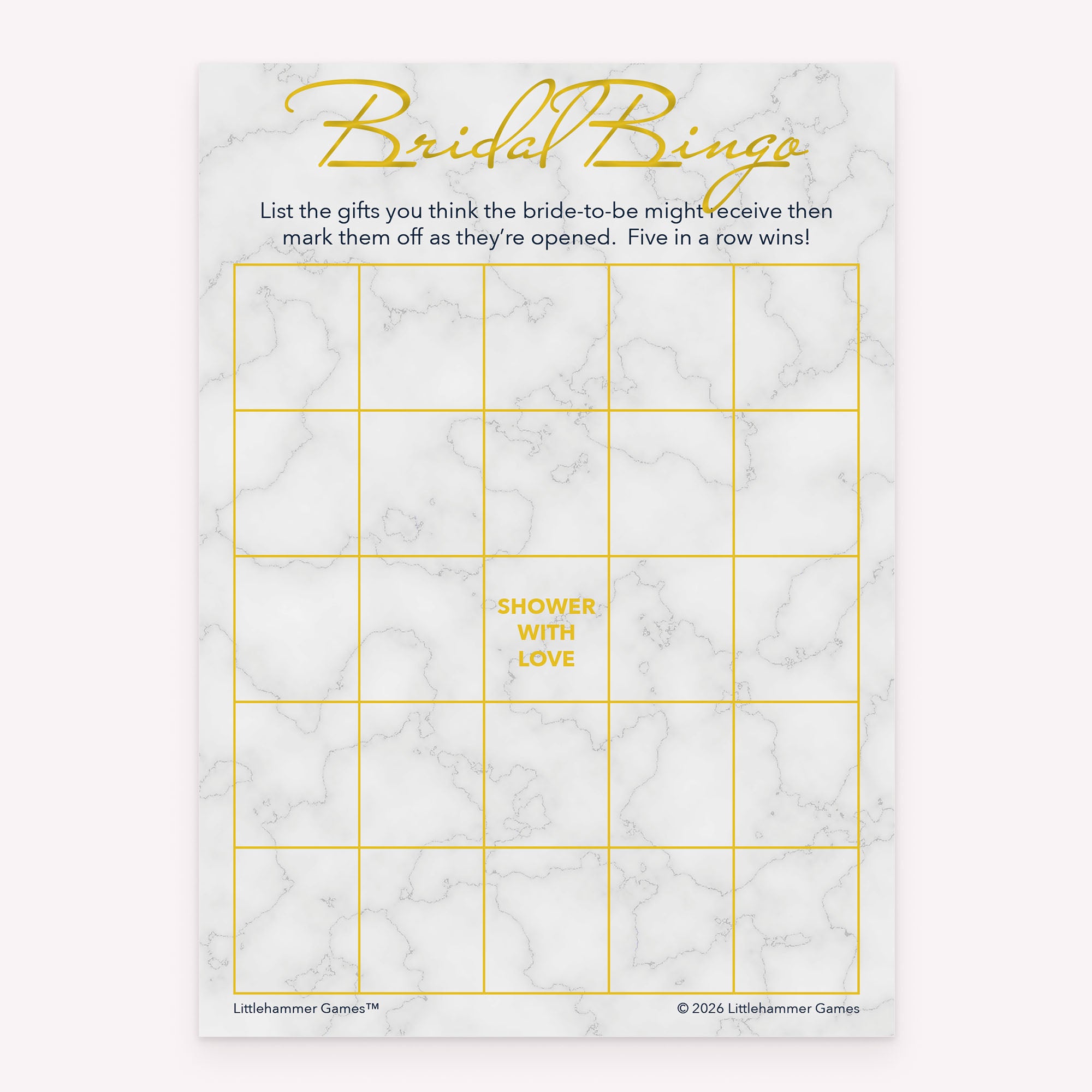 Printable bridal shower Bridal Gift Bingo card in gold and marble theme