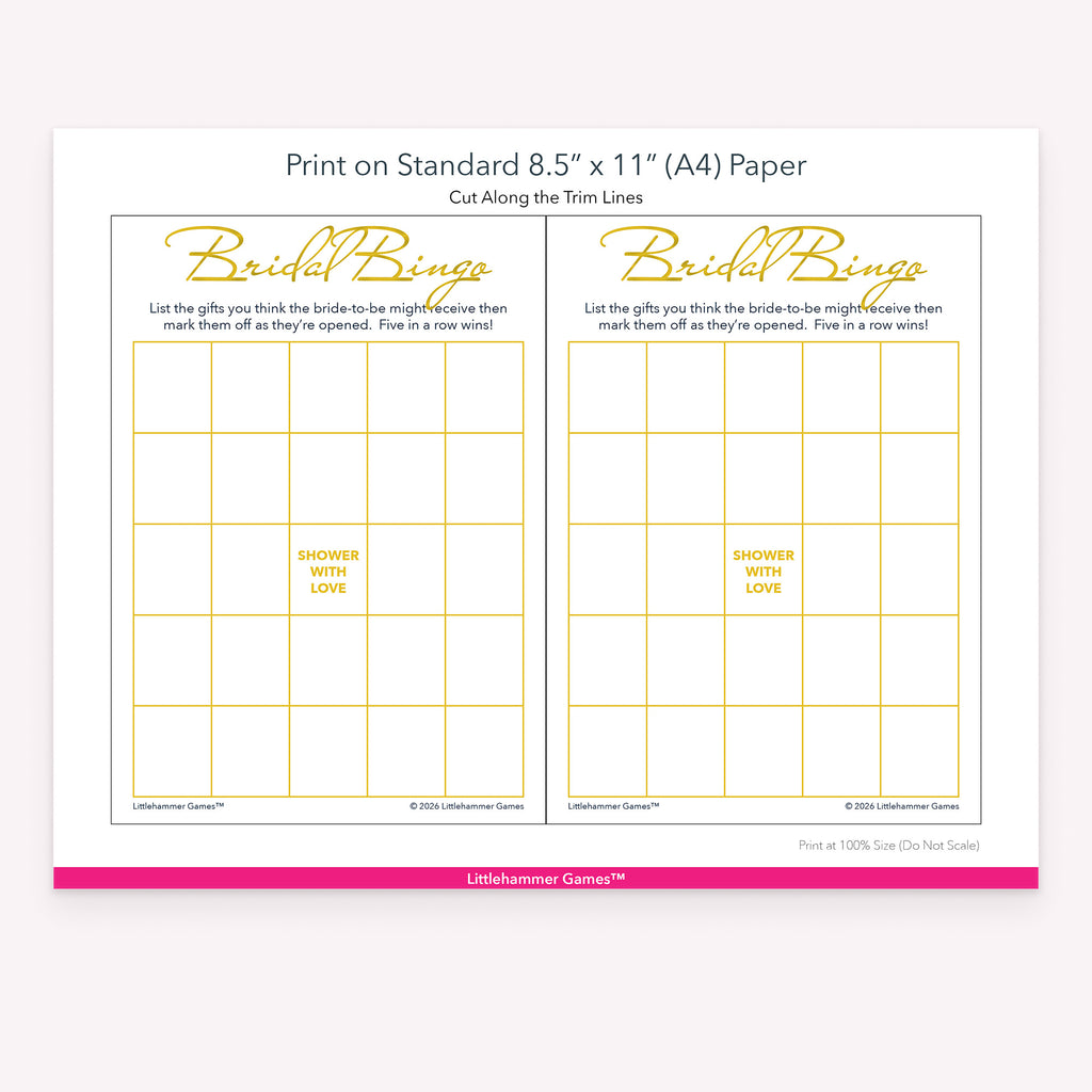 Printable gold and white Bridal Gift Bingo game card layout showing US Letter size dimensions and printing information