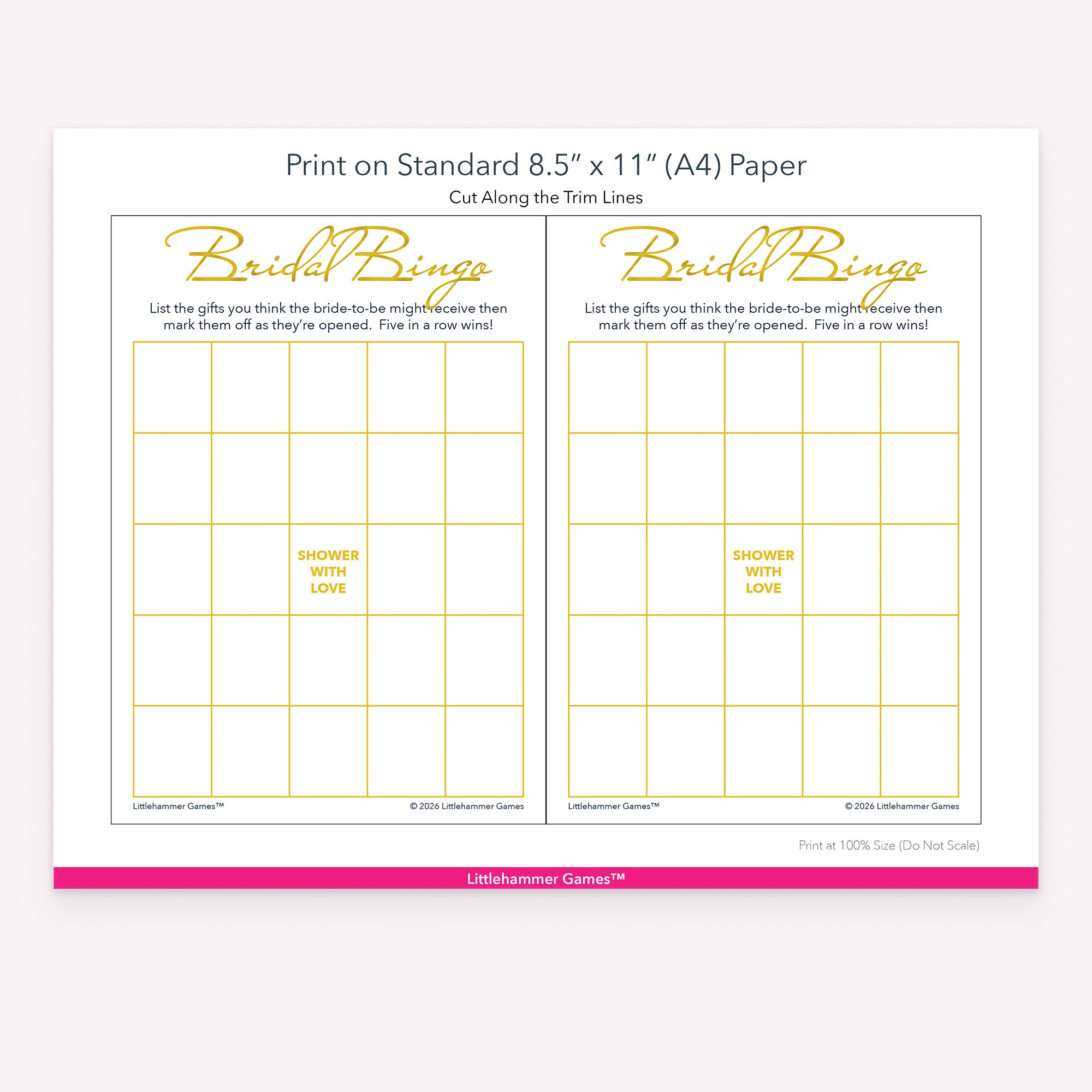 Printable gold and white Bridal Gift Bingo game card layout showing US Letter size dimensions and printing information
