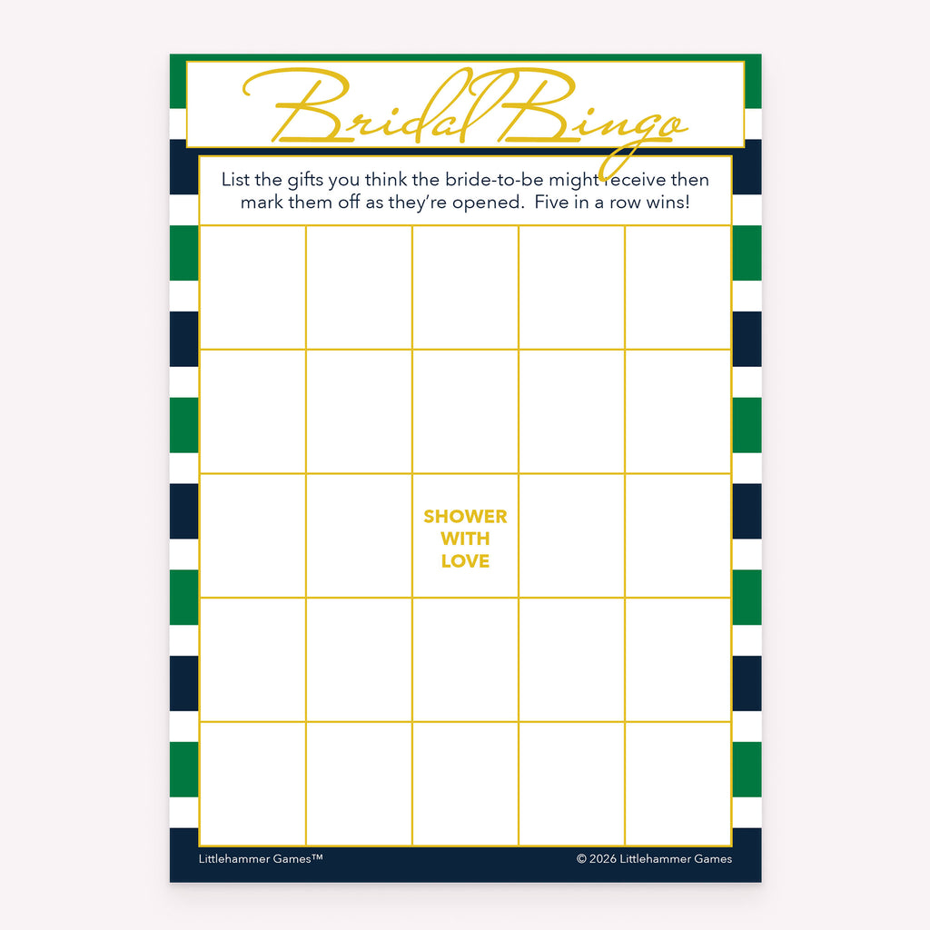 Printable bridal shower Bridal Gift Bingo game card with green and navy stripe design